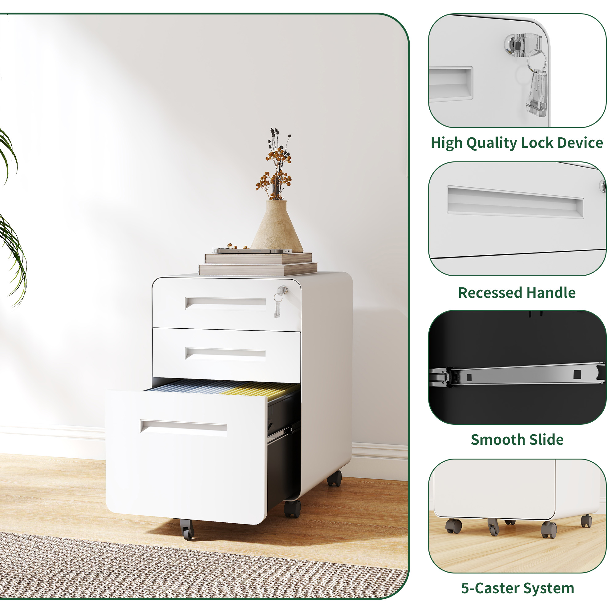 3-Drawer Wide Mobile File Cabinet With Lock, All-Steel Metal Storage Cabinet On Casters, For Home & Office,White, Fully Assembled, Holds A4 Letter Files, 110lbs Drawer detail