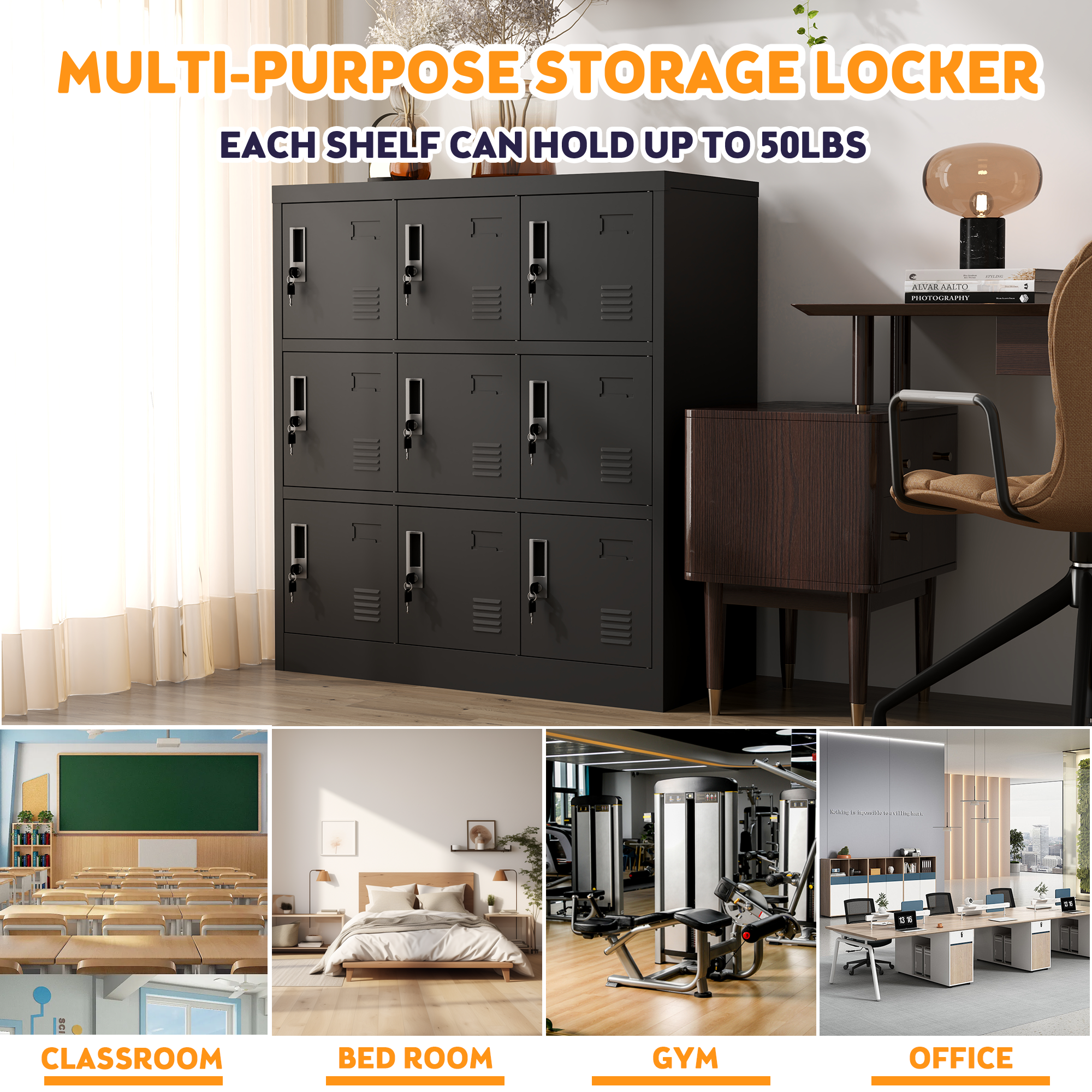 9-Door Employee Storage Locker, Metal Lockers For Office, Gym, School, And Homewith Card Slot Black 4