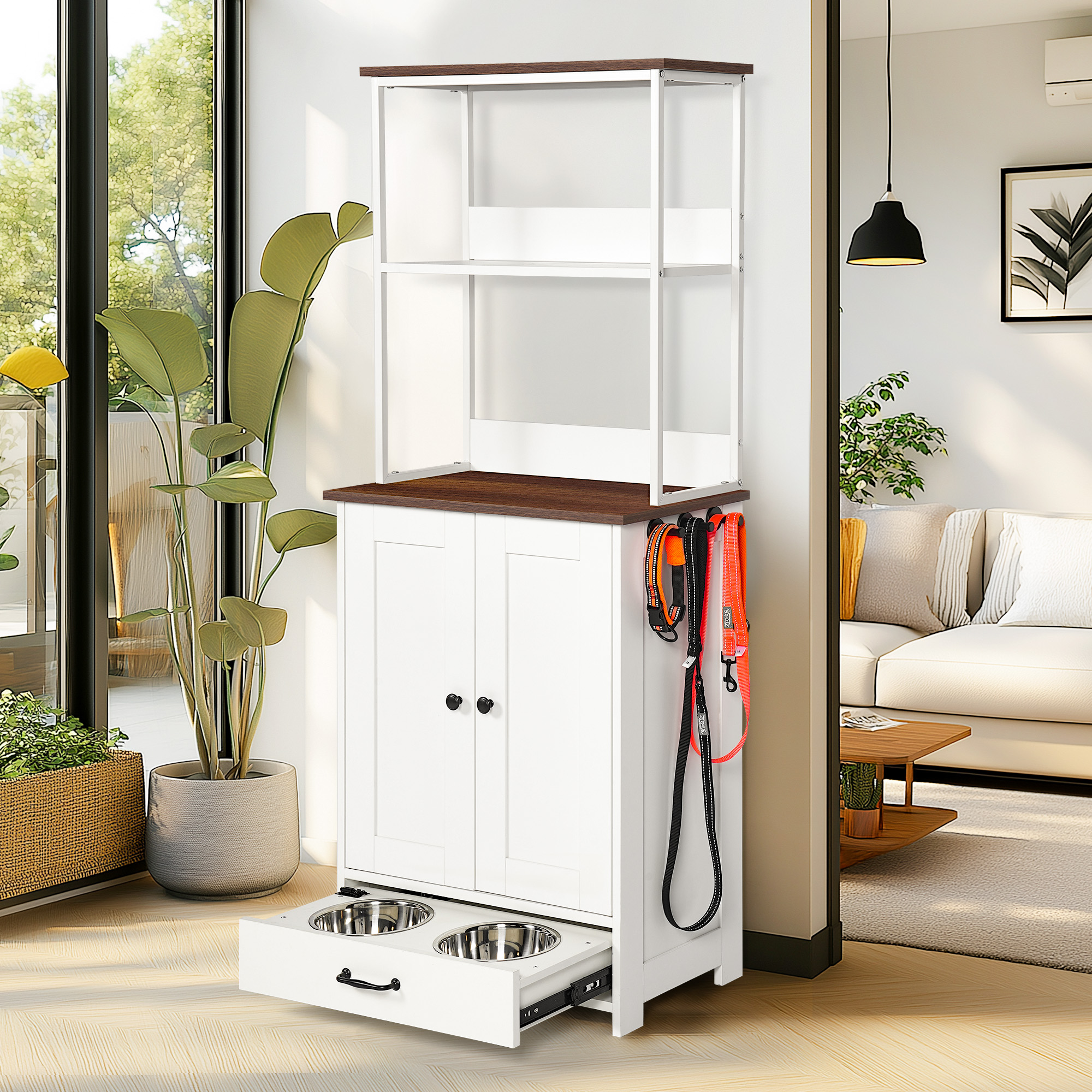 Elevated Pet Feeding Station with Adjustable Bowls – Modern Dog & Cat Feeder with Integrated Storage Cabinet – Two-Tone Particle Board Design – Keeps Pet Food & Supplies Organized