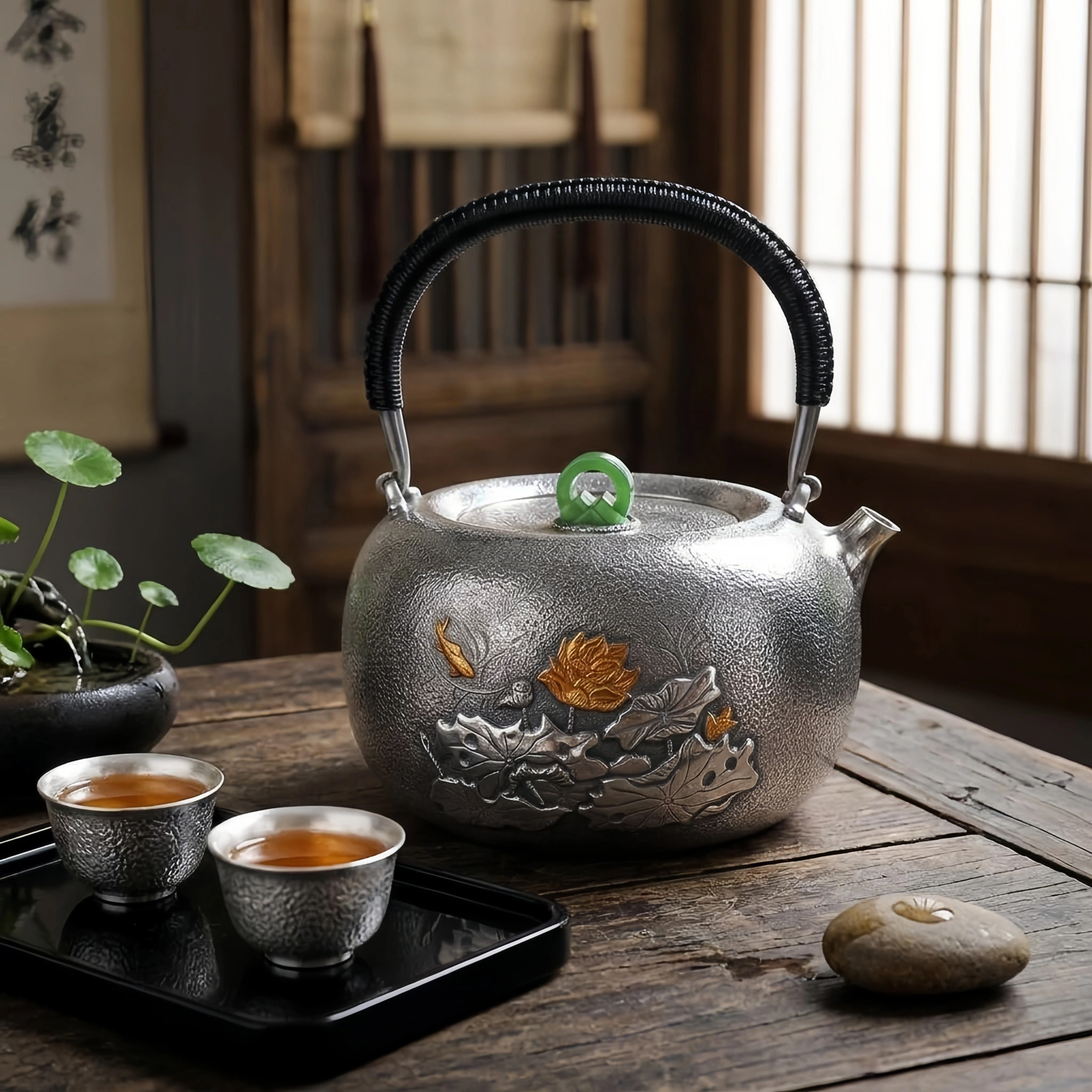 Pure 999 Fine Silver Elegant  Teapot with Gold Lotus Design-Fine large teapot - Handicraft