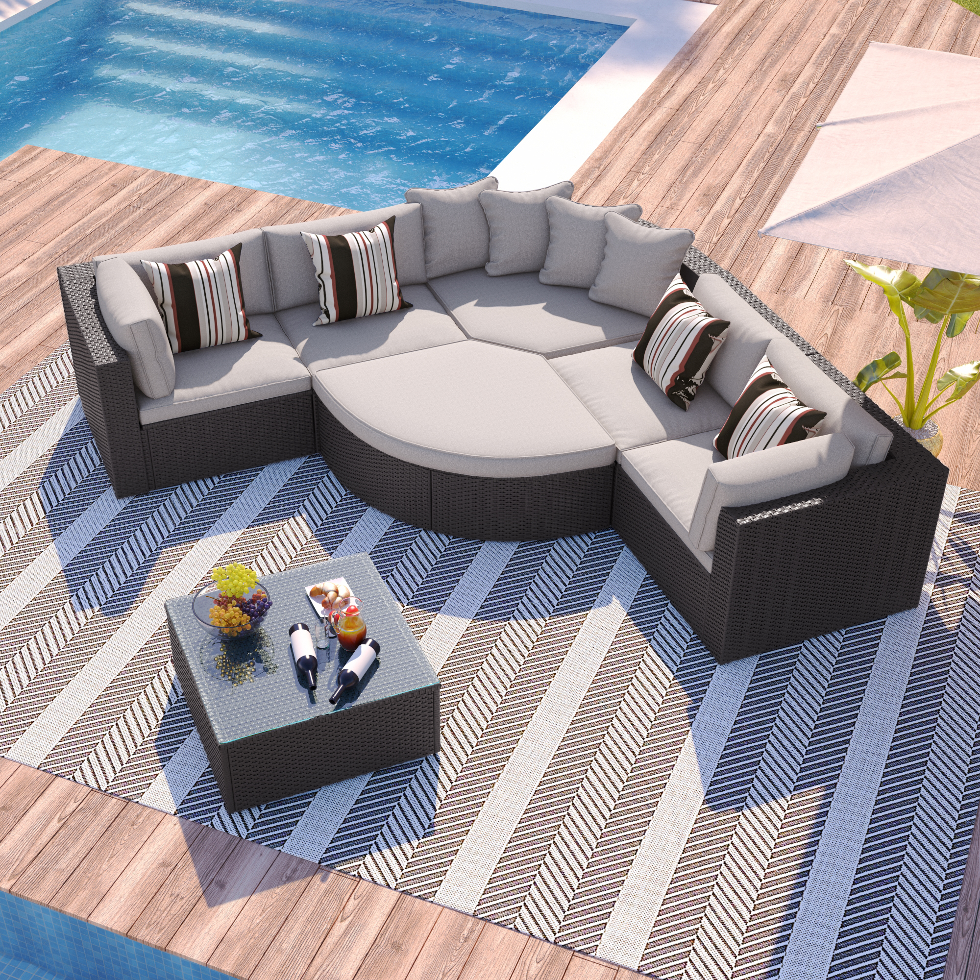 GO 7-piece Outdoor Wicker Sofa Set, Rattan Sofa Lounger, With  Colorful Pillows, Conversation Sofa, For Patio, Garden, Deck, Brown Wicker