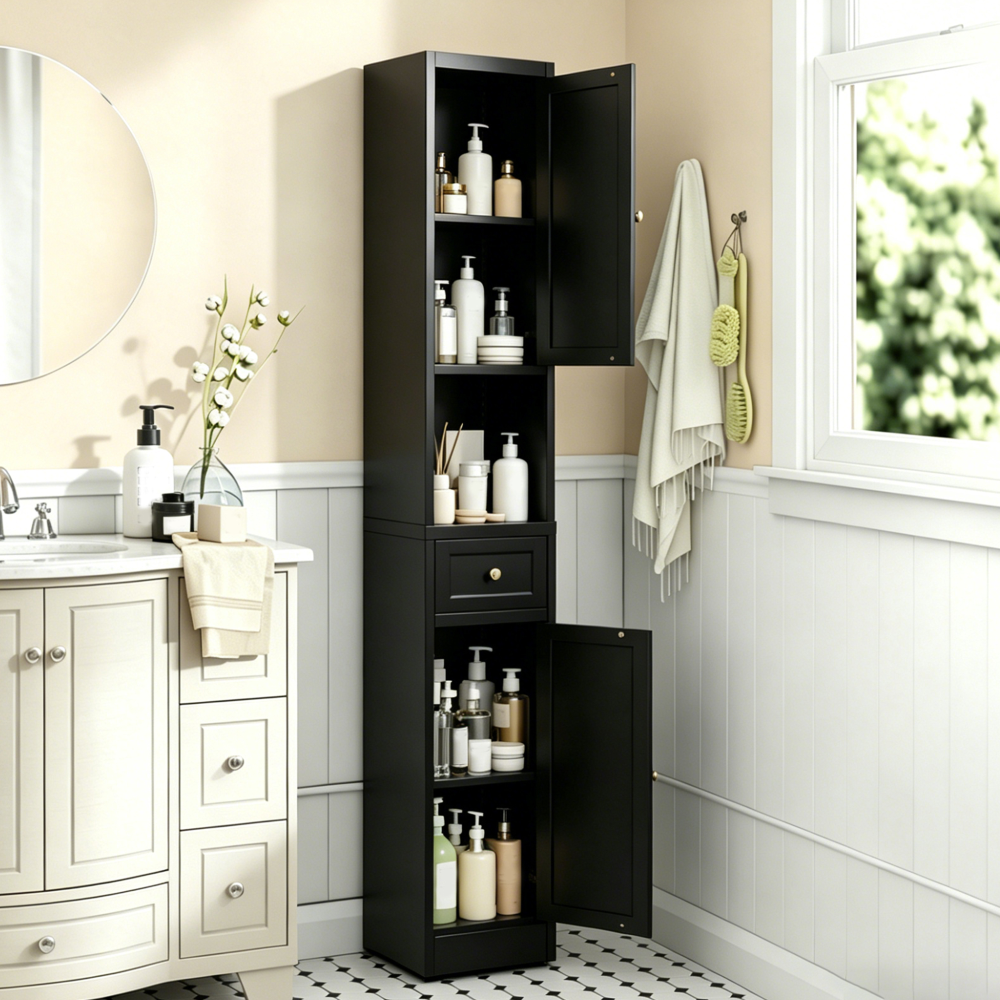 71 Inch Tall Bathroom Storage Cabinet, 5-Tier Narrow Metal Cabinet With 2 Doors & Adjustable Shelves, Freestanding Cabinet For Space Saving In Kitchen, Laundry Room, Pantry, Black