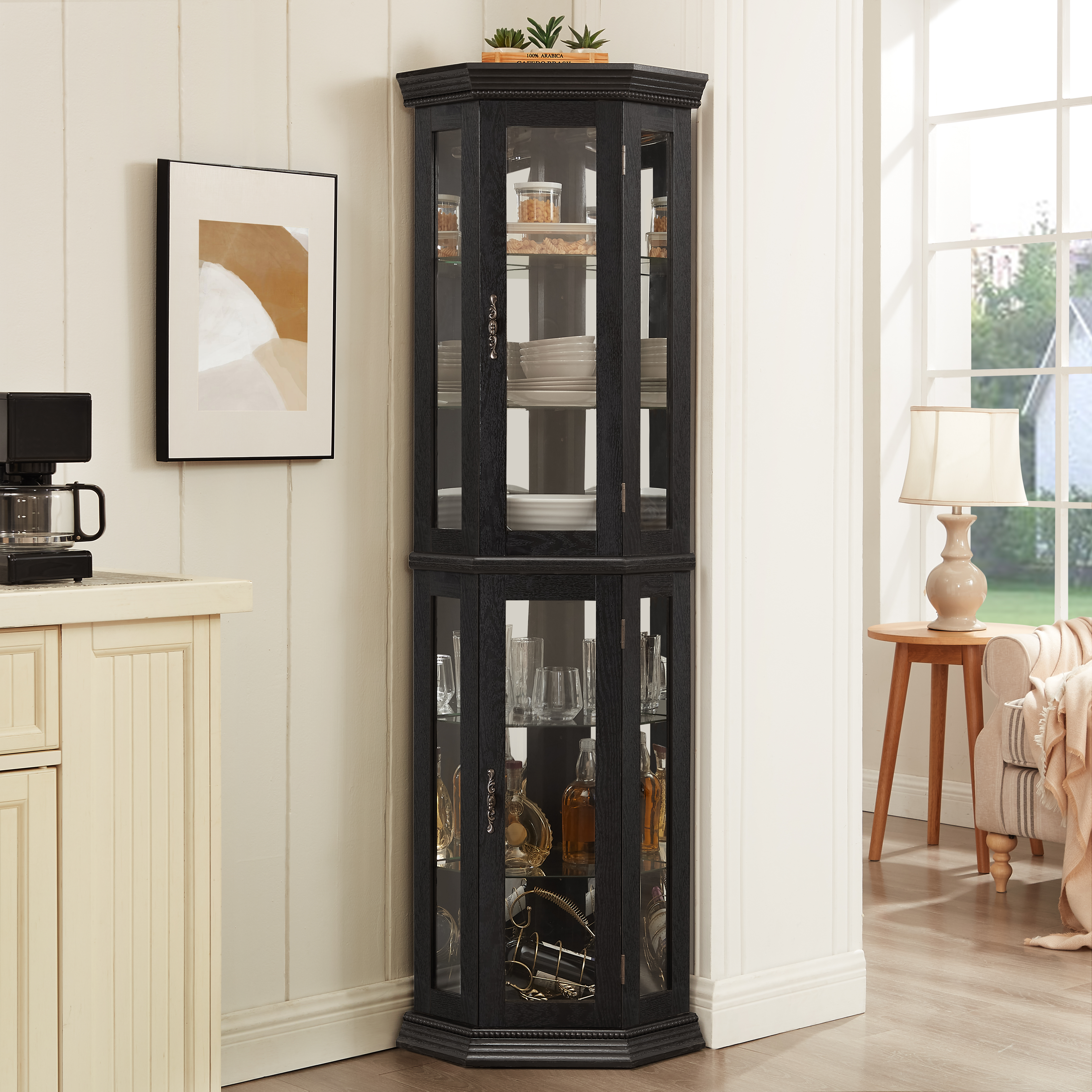 Lighted Corner Curio Cabinet - Glass Display Shelf With Tempered Glass Doors, Adjustable Shelving, And Included Bead Bulb - Ideal Bar Cabinet For Home Decor- BLACK_voghion.com
