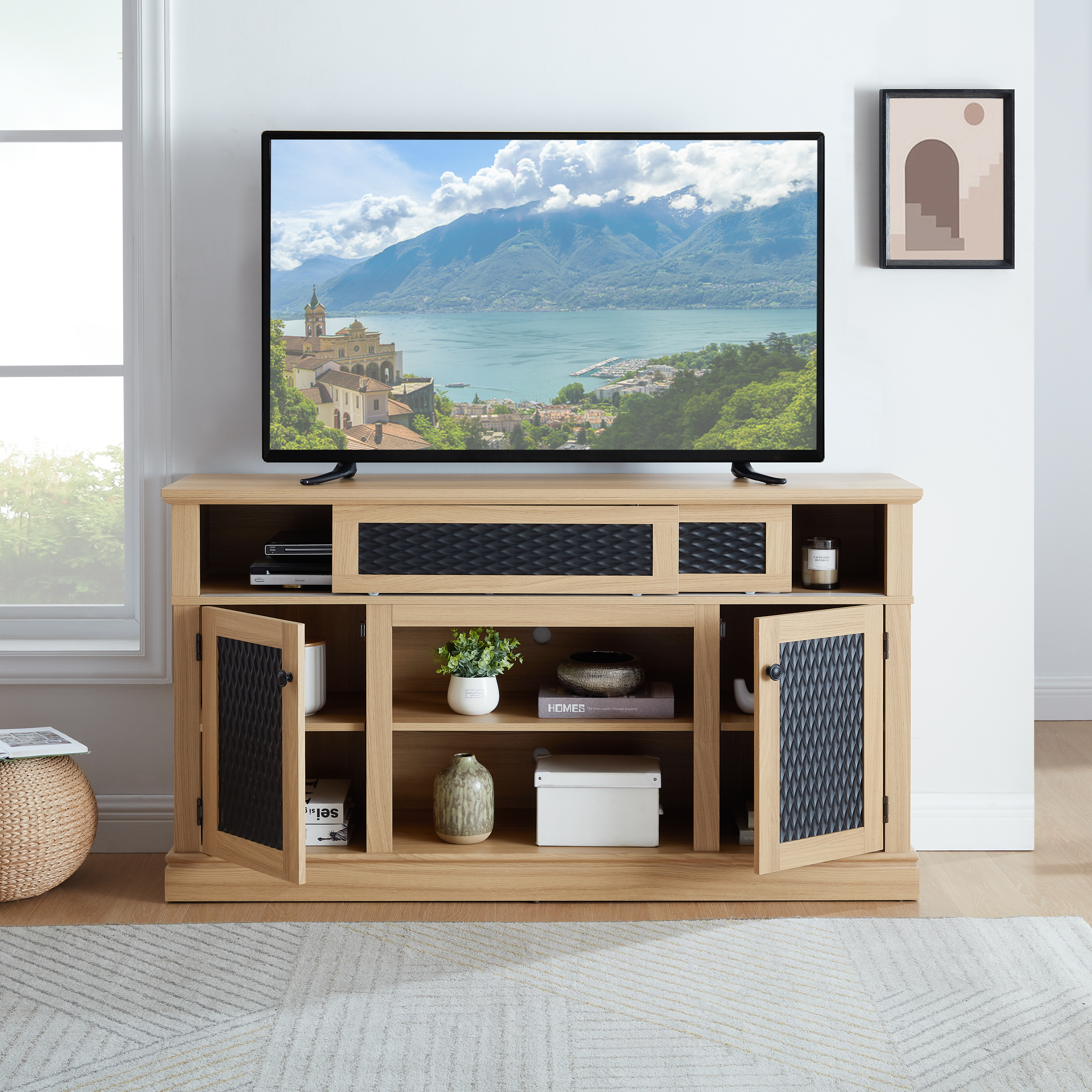 Embossed Pattern TV Stand, TV And Media Console With Open And Closed Storage Space And Sliding Door For Living Room & Bedroom, LIGHT OAK, 58.27 Wx15.35 Wx31.7H