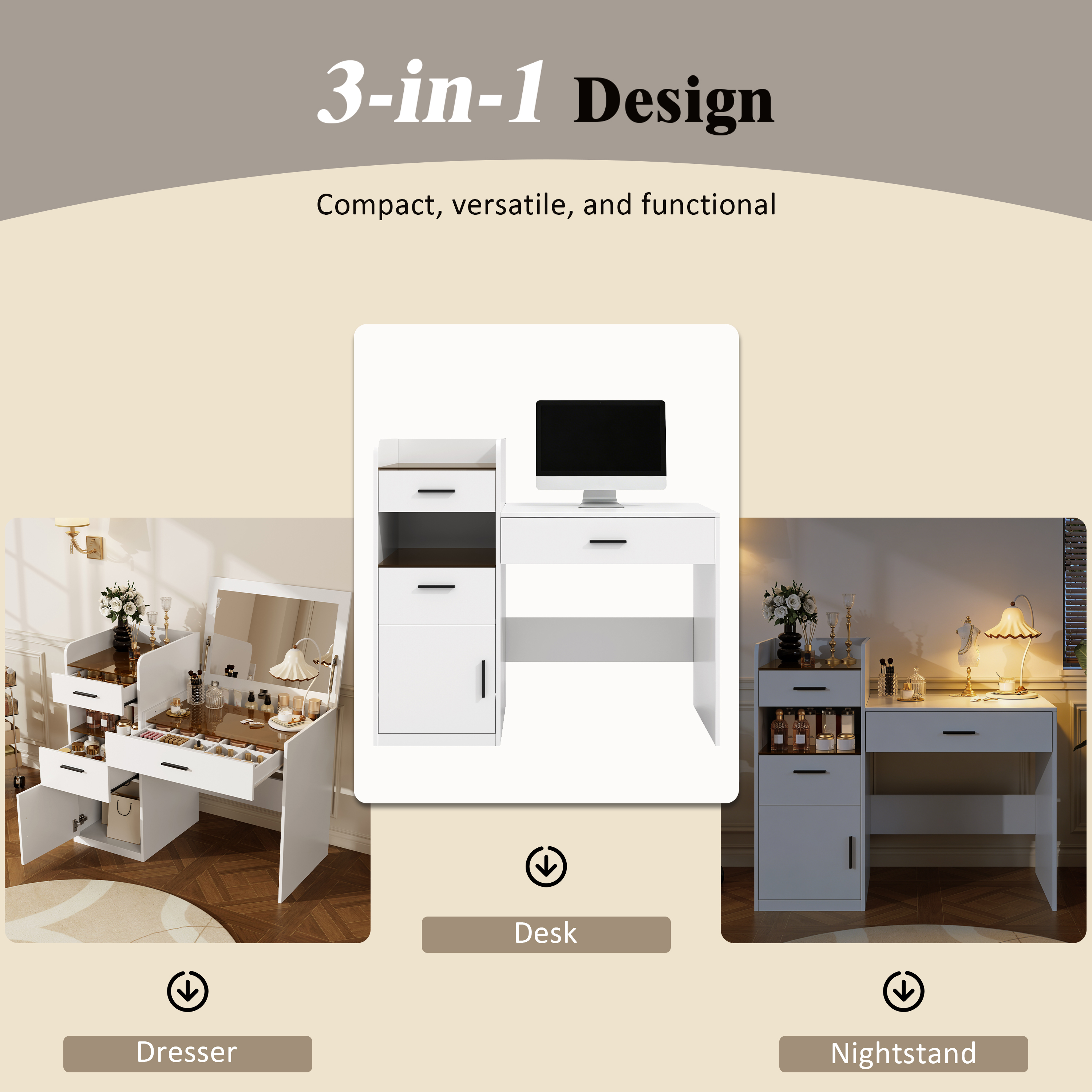 3-in-1 Vanity Desk With Flip Top Mirror, Glass Top Compact Makeup Vanity & Hidden Storage, Vanity Table With 3 Drawers And Cabinet, Space-Saving Dressing Tablefor Bedroom, White