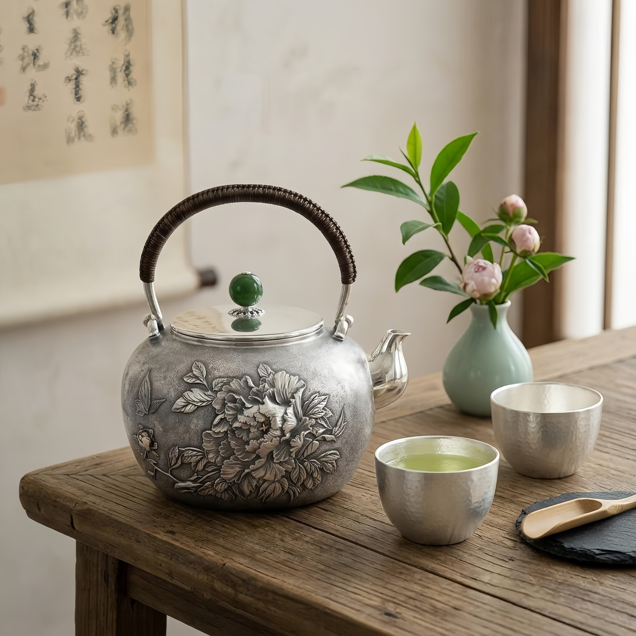 Pure 999 Fine Silver Handcrafted Silver Teapot with Peony Floral Relief and Green Jade Finial - Handicraft