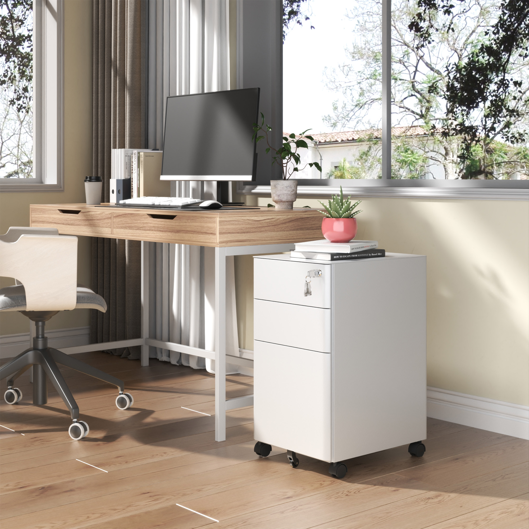 3-Drawer Mobile File Cabinet With Lock, All-Steel Metal Storage On Wheels, Two Shallow & One Deep Drawer For Office Home, Fully Assembled, White, 110lbs Drawer, Anti-Tip Design