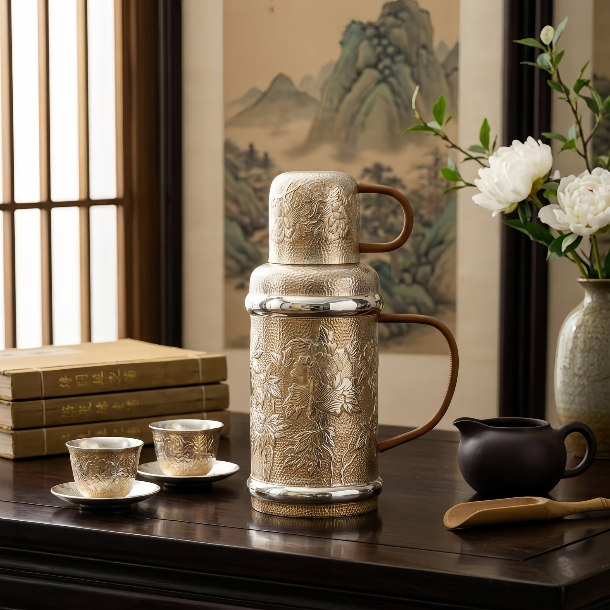 Pure 999 Fine Silver Elegant Hand-Hammered Metallic Thermos Set with Intricate Floral Motifs and Cord-Wrapped Handles - Handicraft