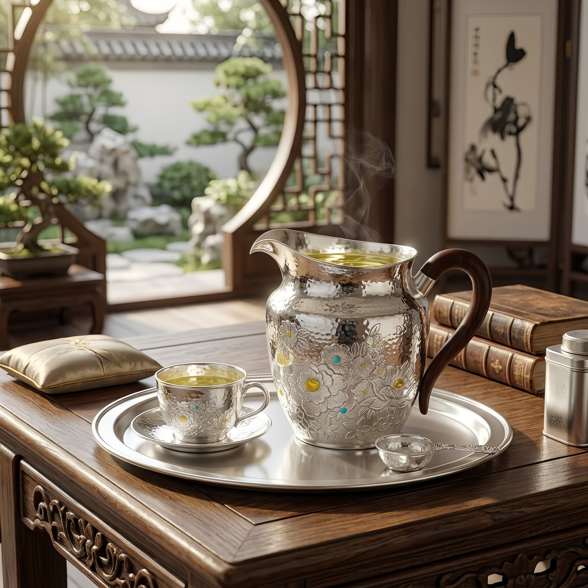 Pure 999 Fine Silver Elegant Hammered Silver Floral Pitcher with Artisanal Wooden Handle and Colorful Accents - Handicraft