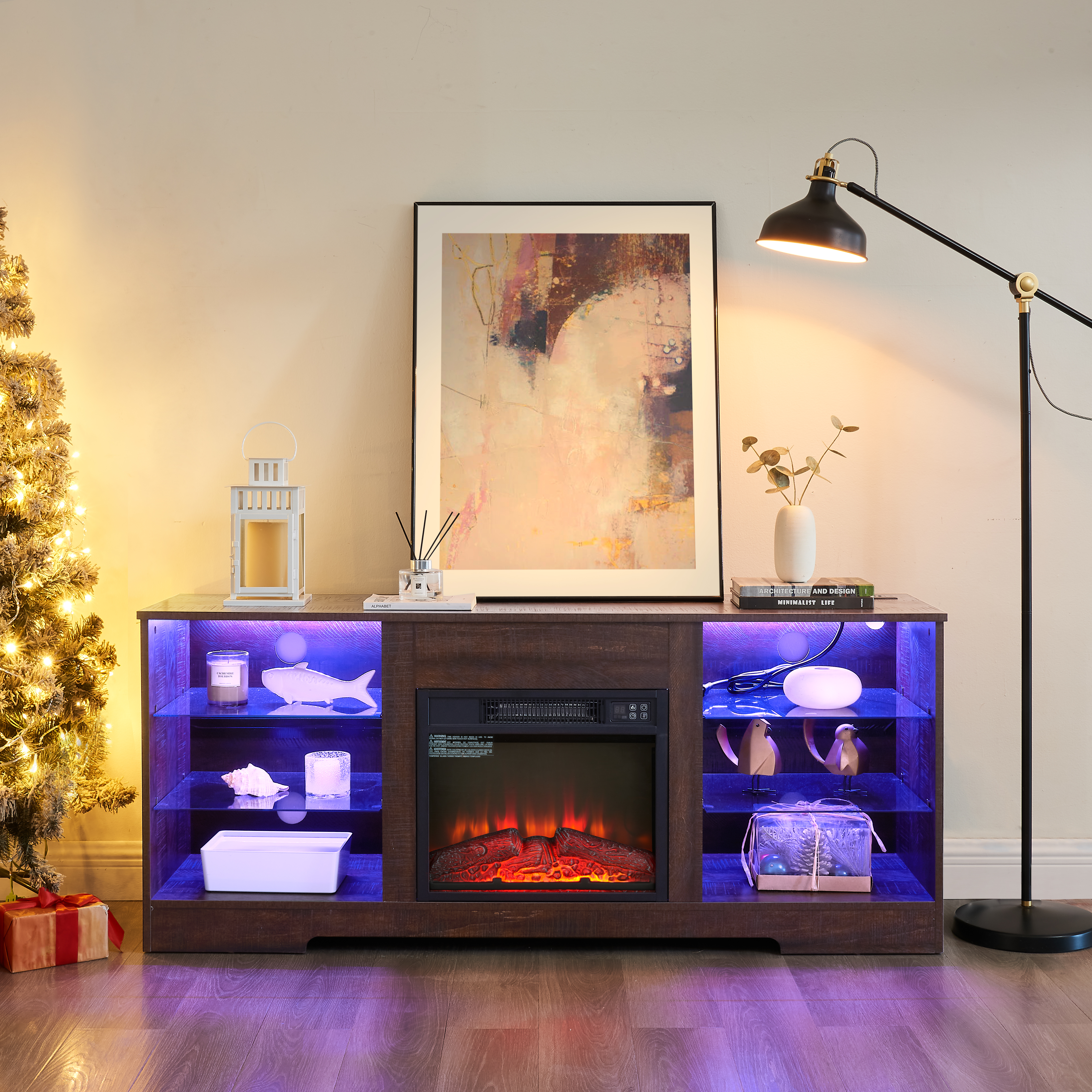 TV Stand Electric Fireplace TV Stand With Glass Shelves, 3D Fireplace TV Stand With LED Lights Wood With USB Charging Outlet Modern Television Table Center For TV Up To 32-62  ESP 58''Wx15.4''Dx24.6