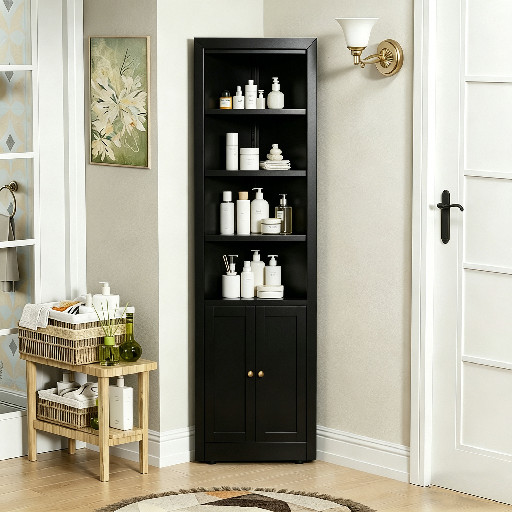 71  Tall Corner Storage Cabinet With 2 Doors, 5-Tier Metal Cabinet With Adjustable Shelves, Freestanding Kitchen Storage For Pantry, Living Room, Bathroom, Laundry Room, Space Saving Furniture, Black