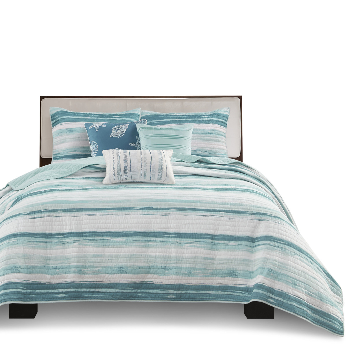 6 Piece Printed Quilt Set With Throw Pillows Aqua Full Queen