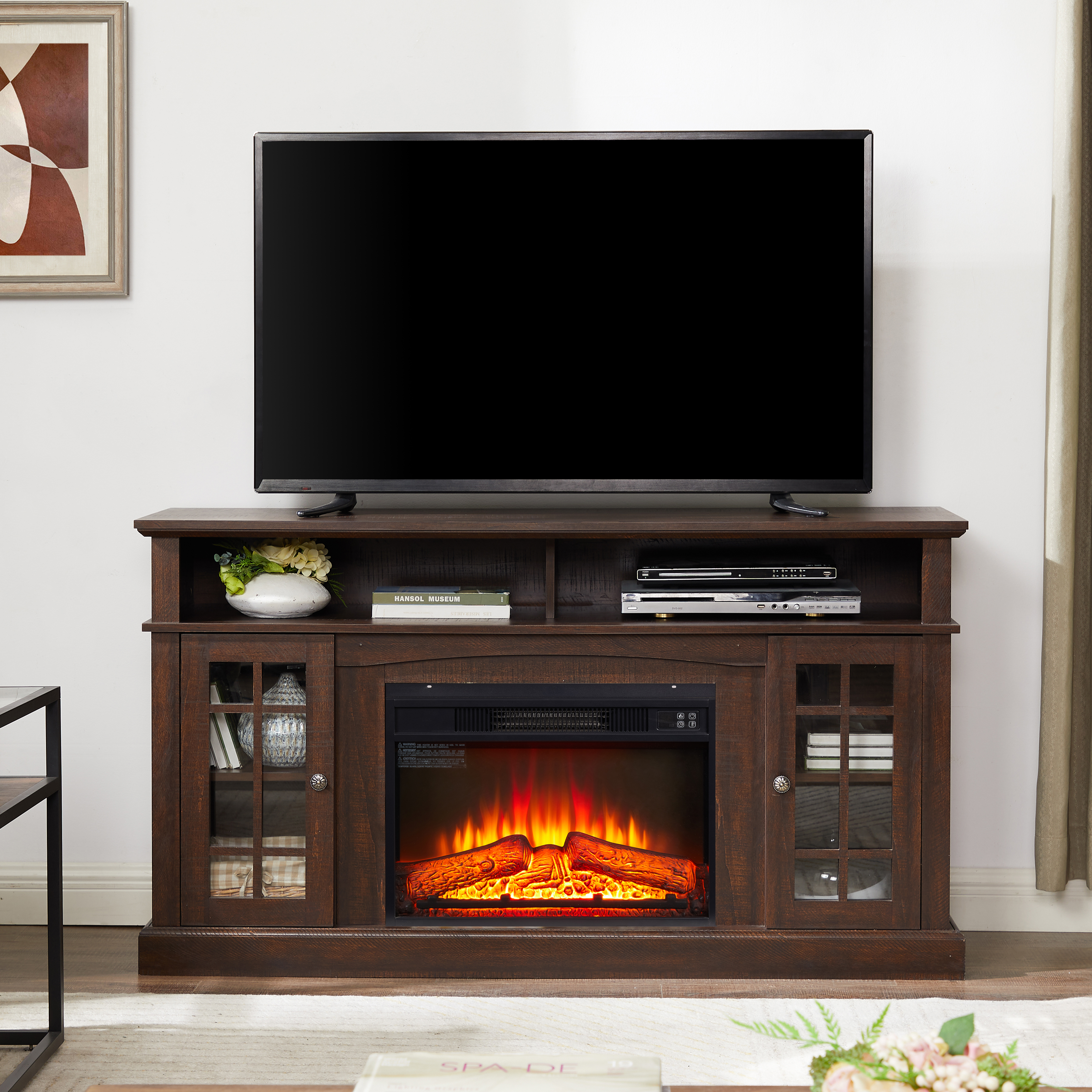 Classic TV Media Stand Modern Entertainment Console With 23  Fireplace Insert For TV Up To 65  With Open And Closed Storage Space, Espresso, 58.25 Wx15.75 Dx32 H