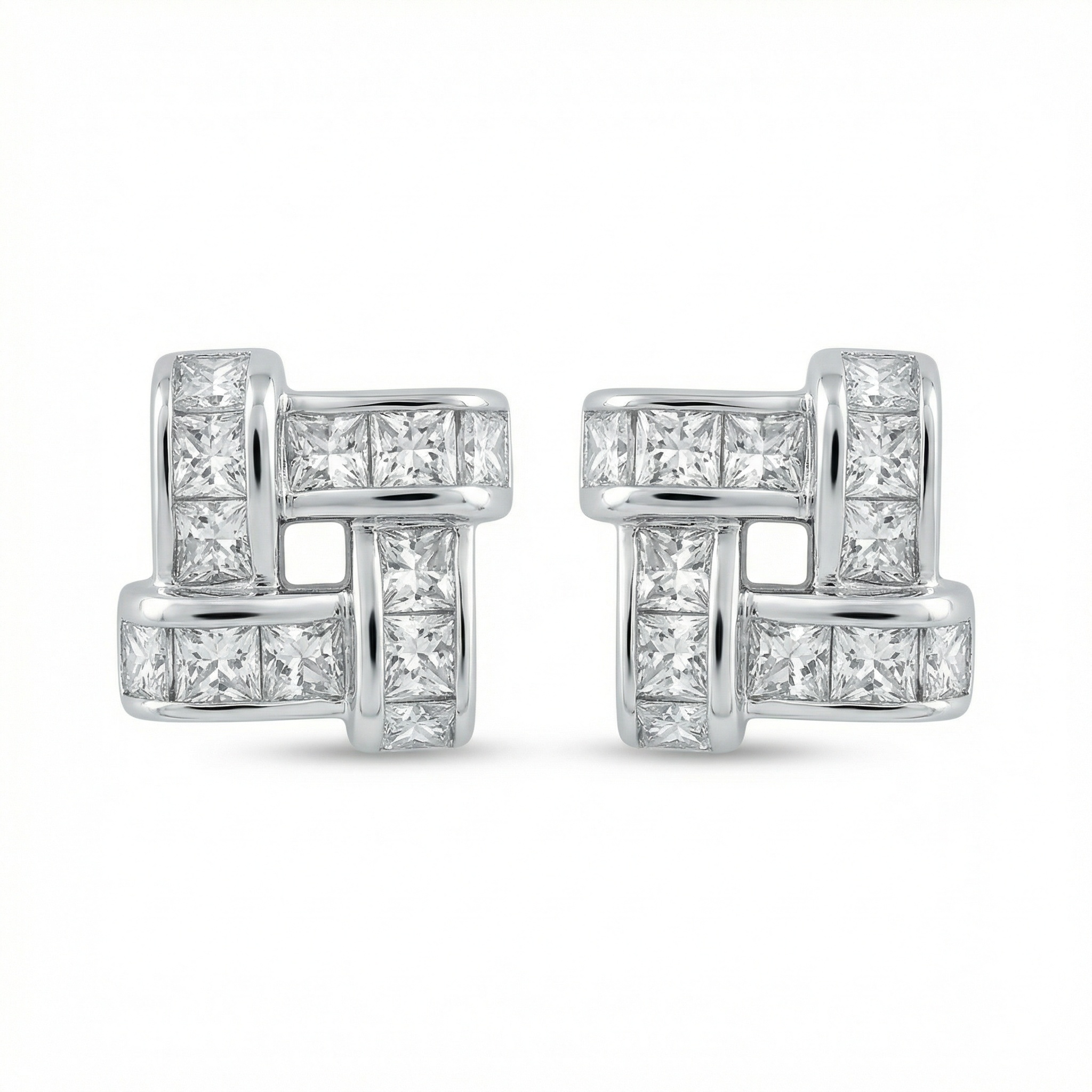925 Sterling Silver Princess Cut Diamond Interlaced Square Stud Earrings in Elegant White Metal 