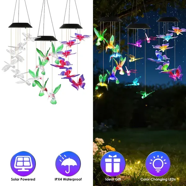 3Pack Solar Hummingbird Butterfly Dragonfly Wind Chimes