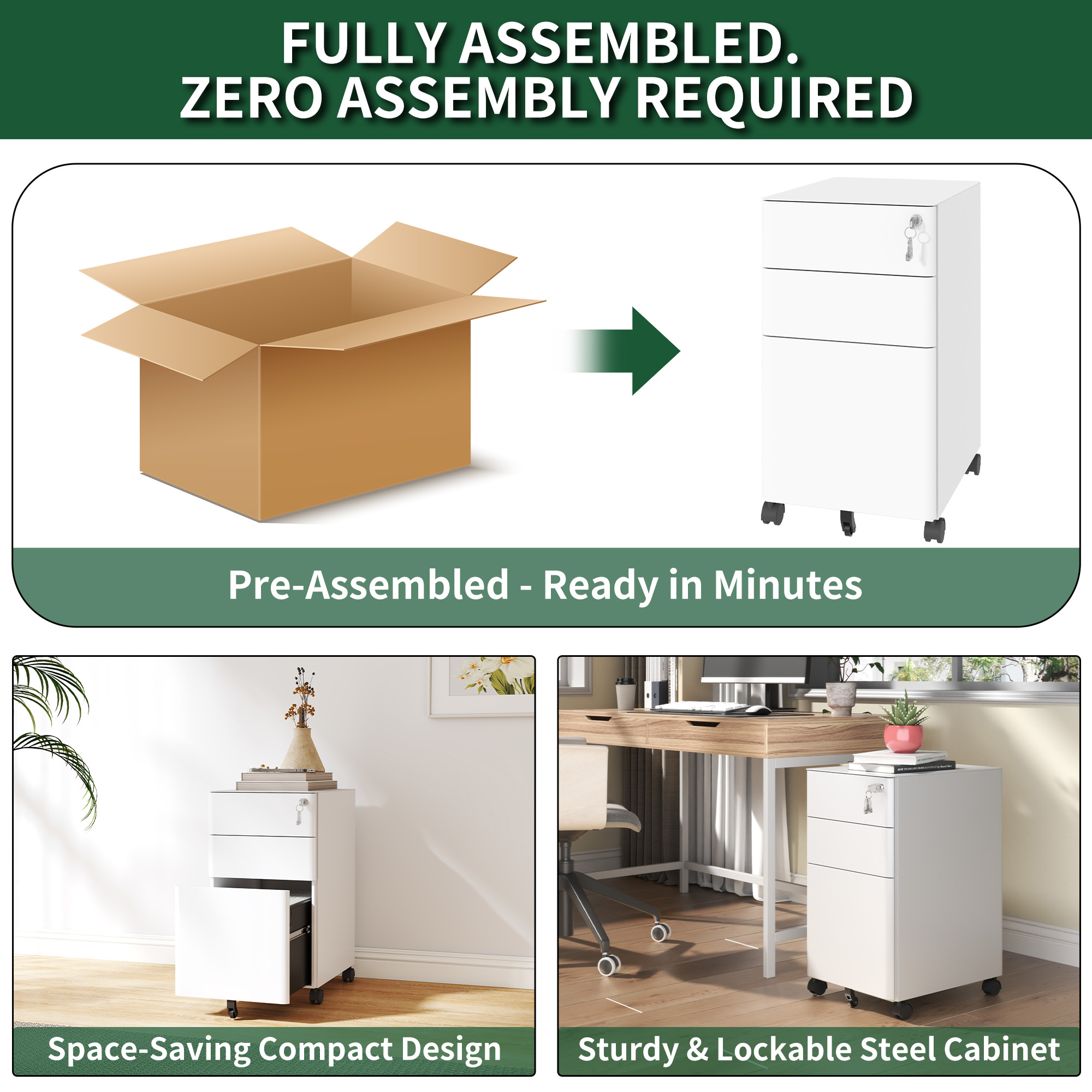 3-Drawer Mobile File Cabinet With Lock, All-Steel Metal Storage On Wheels, Two Shallow & One Deep Drawer For Office Home, Fully Assembled, White, 110lbs Drawer, Anti-Tip Design detail