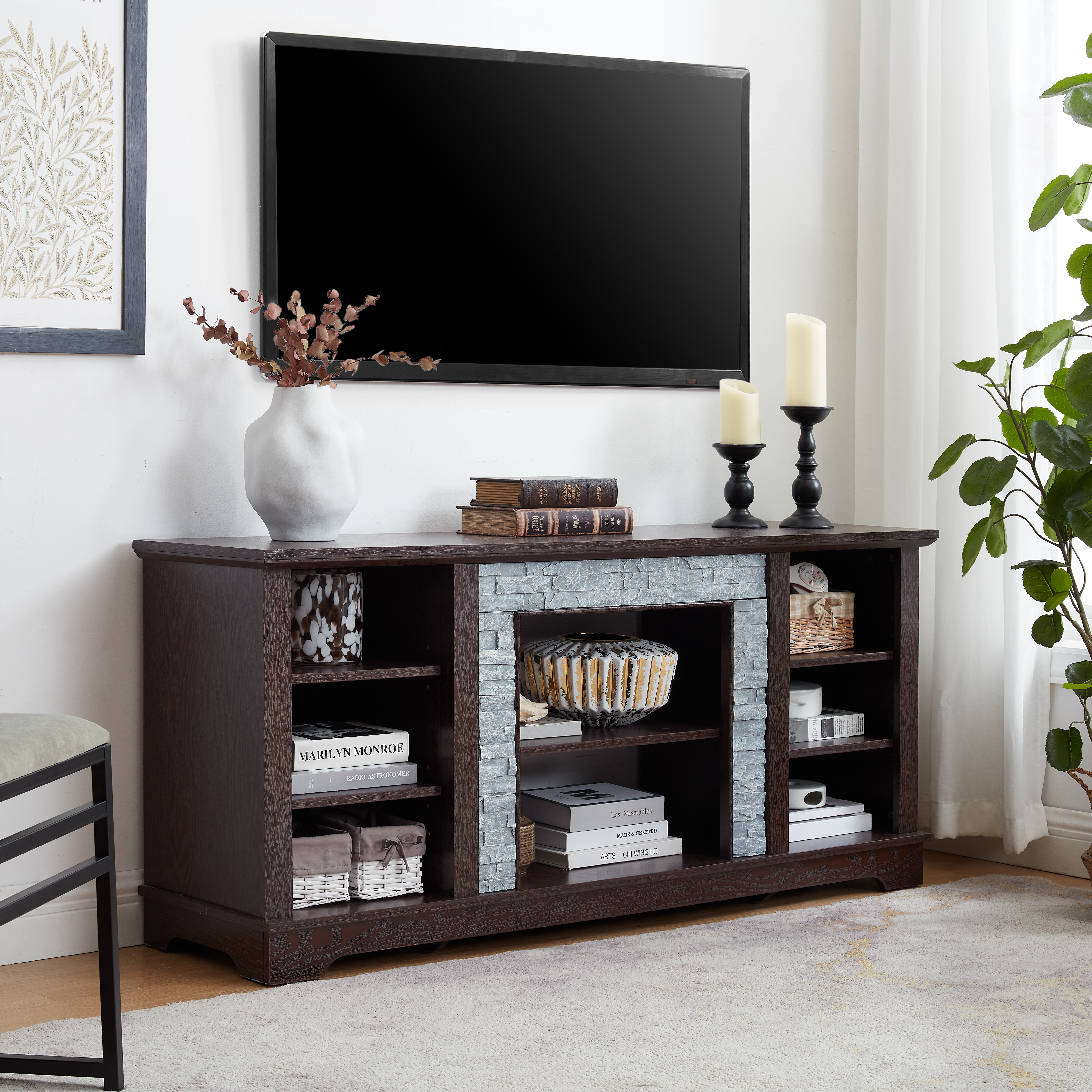 TV Media Stand With With Faux Stacked Stone Surround, Modern Entertainment Console With Open Storage Space, Cherry, 58.31 Wx15.39 Dx26.06 H