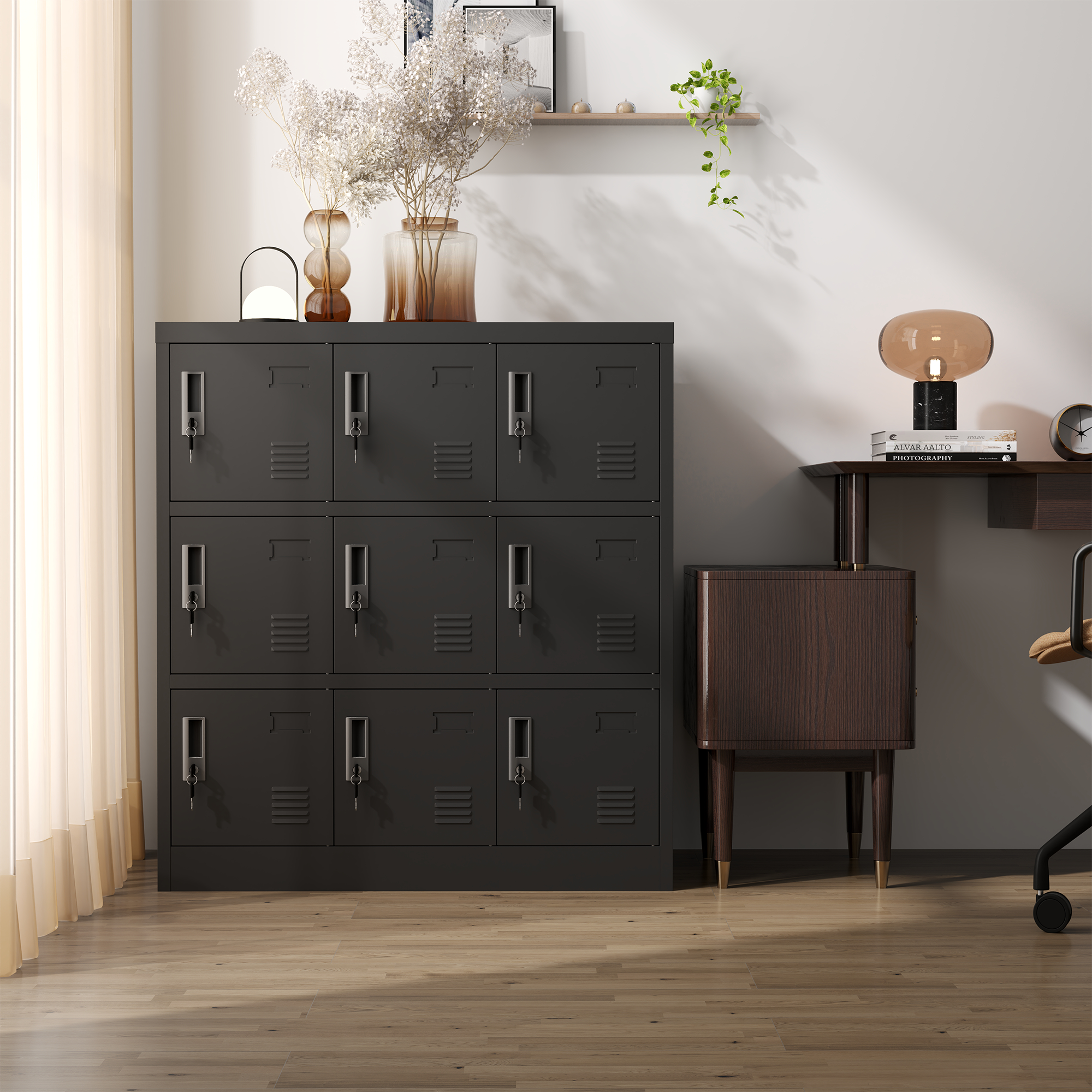 9-Door Employee Storage Locker, Metal Lockers For Office, Gym, School, And Homewith Card Slot Black 3