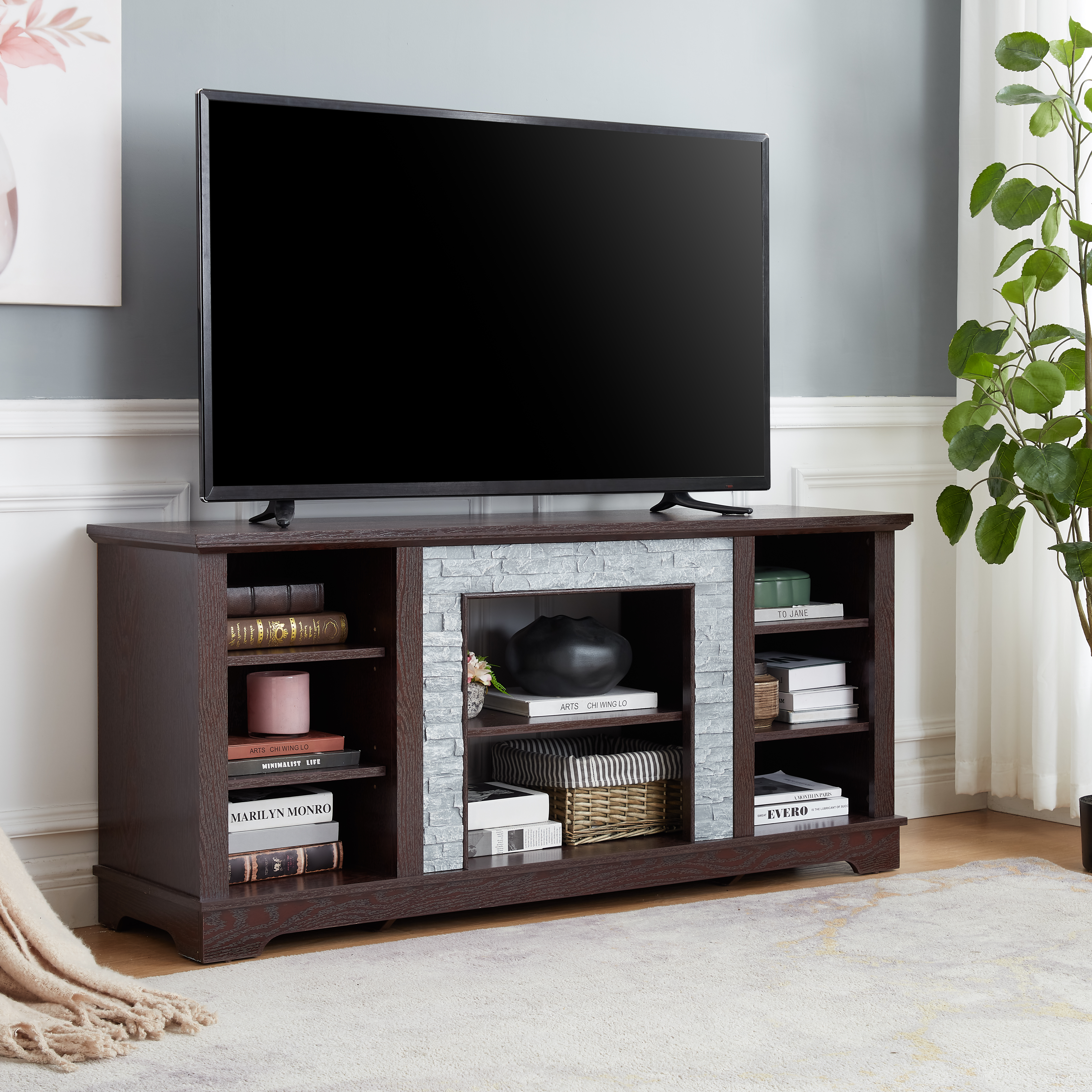 TV Media Stand With With Faux Stacked Stone Surround, Modern Entertainment Console With Open Storage Space, Cherry, 58.31 Wx15.39 Dx26.06 H