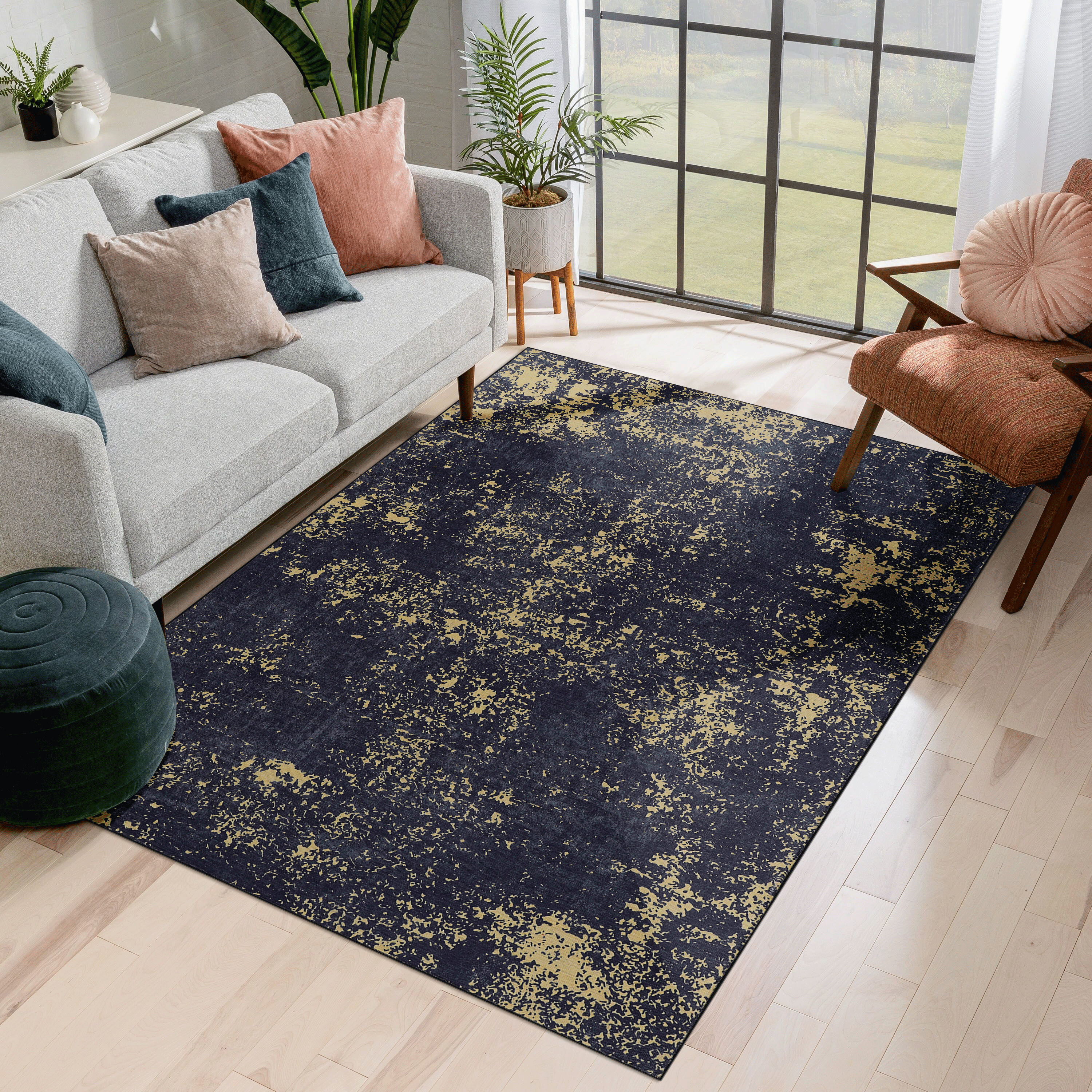 MAVAL Black Washable Rug 6x9 Area Rug  Black Gold, 6' X 9'