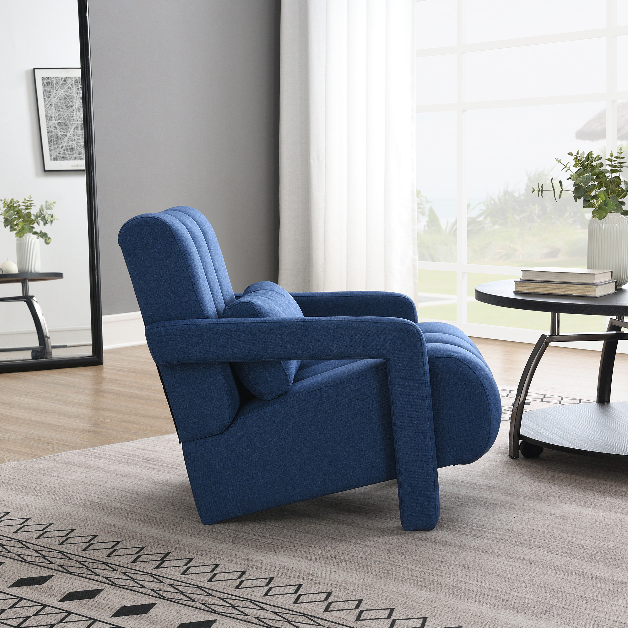 Modern Upholstered Accent Chair, Comfortable Linen Fabric With A Pillow For Living Room,bedroom. Linen, Navy Blue