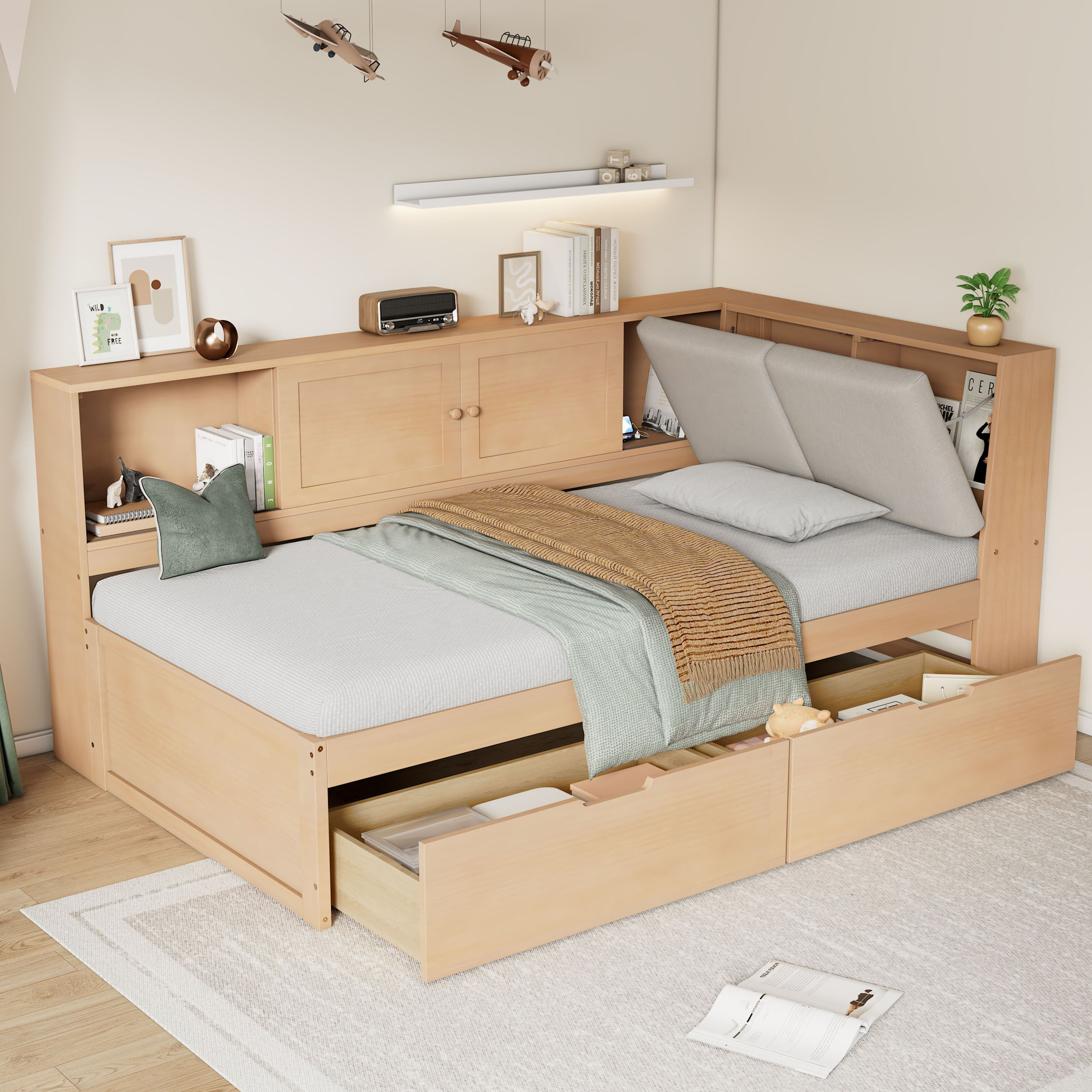 Wooden Twin Size L-shaped Daybed Corner Bed Under-bed Drawers  With Storage Bookcase And Upholstered Headboard And USB Charging Ports For Limited Space,Natural