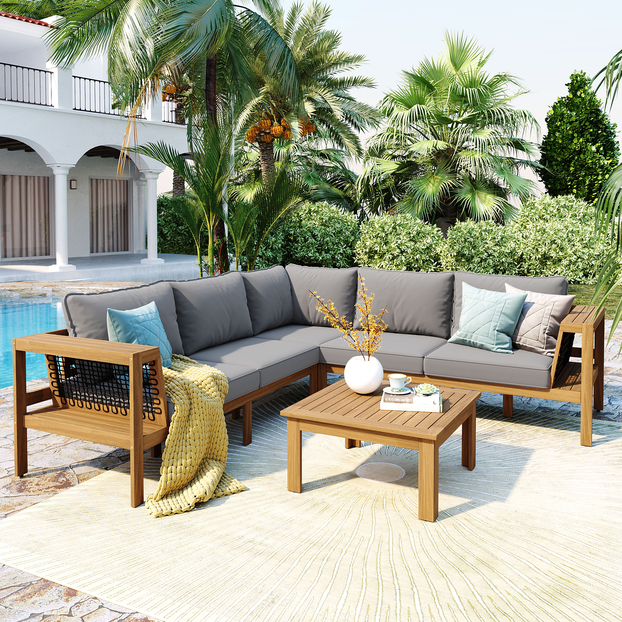 4 Pieces Outdoor Acacia Wood Sofa Set, Woven Mesh Armrests, L-Shaped Patio Furniture Sofa Set With Coffee Table, Outdoor Conversation Set With Gray Cushions And Side Table