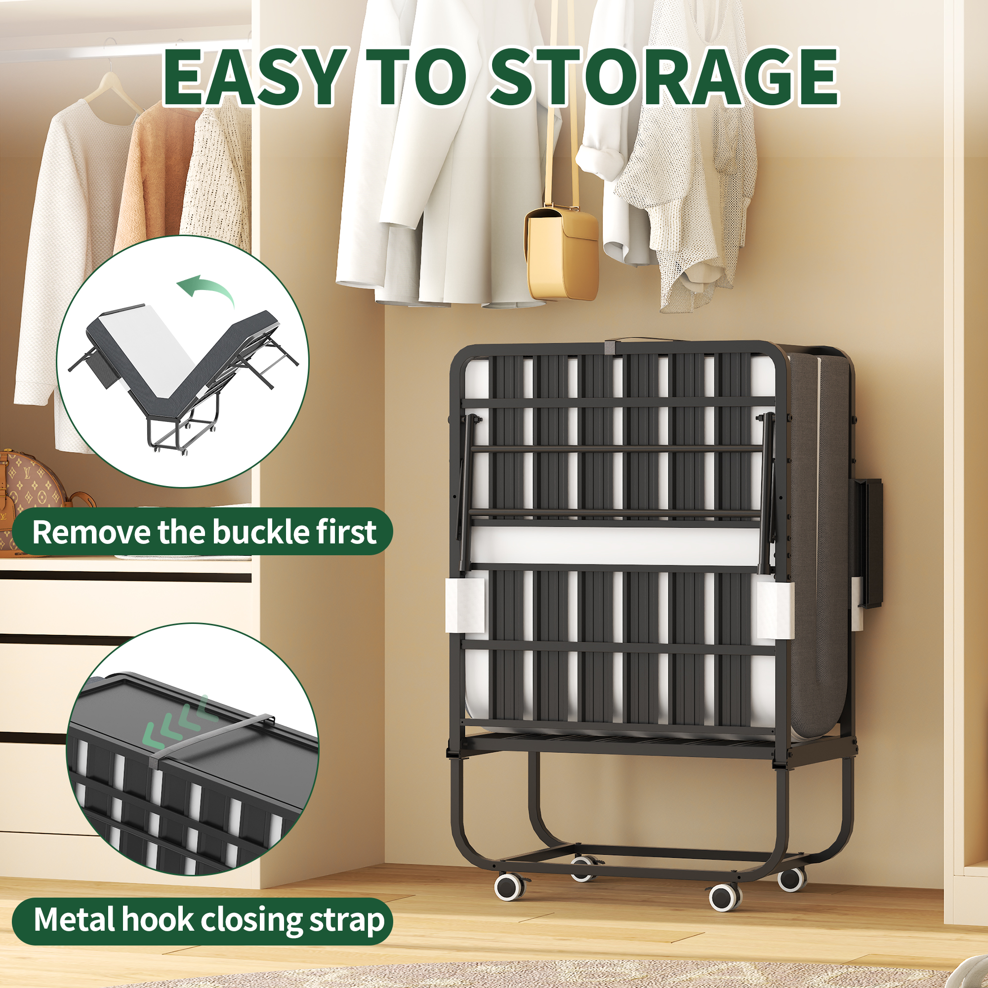 75  Folding Bed With Adjustable Headboard & 5  Memory Foam, Space Saving Rollaway Guest Bed For Tall People, Portable Twin Cot On Wheels, Easy Assembly