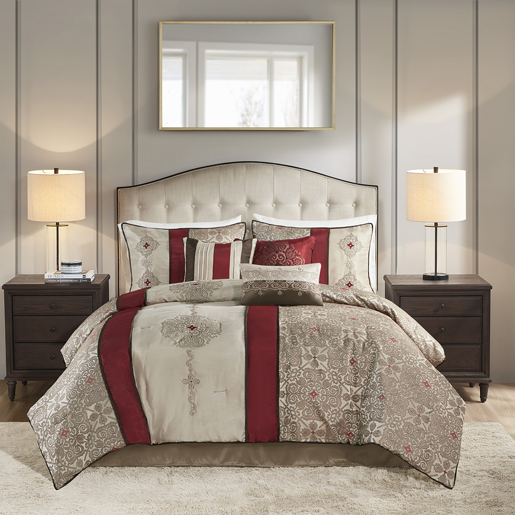 Queen 7 Piece Jacquard Comforter Set With Throw Pillows