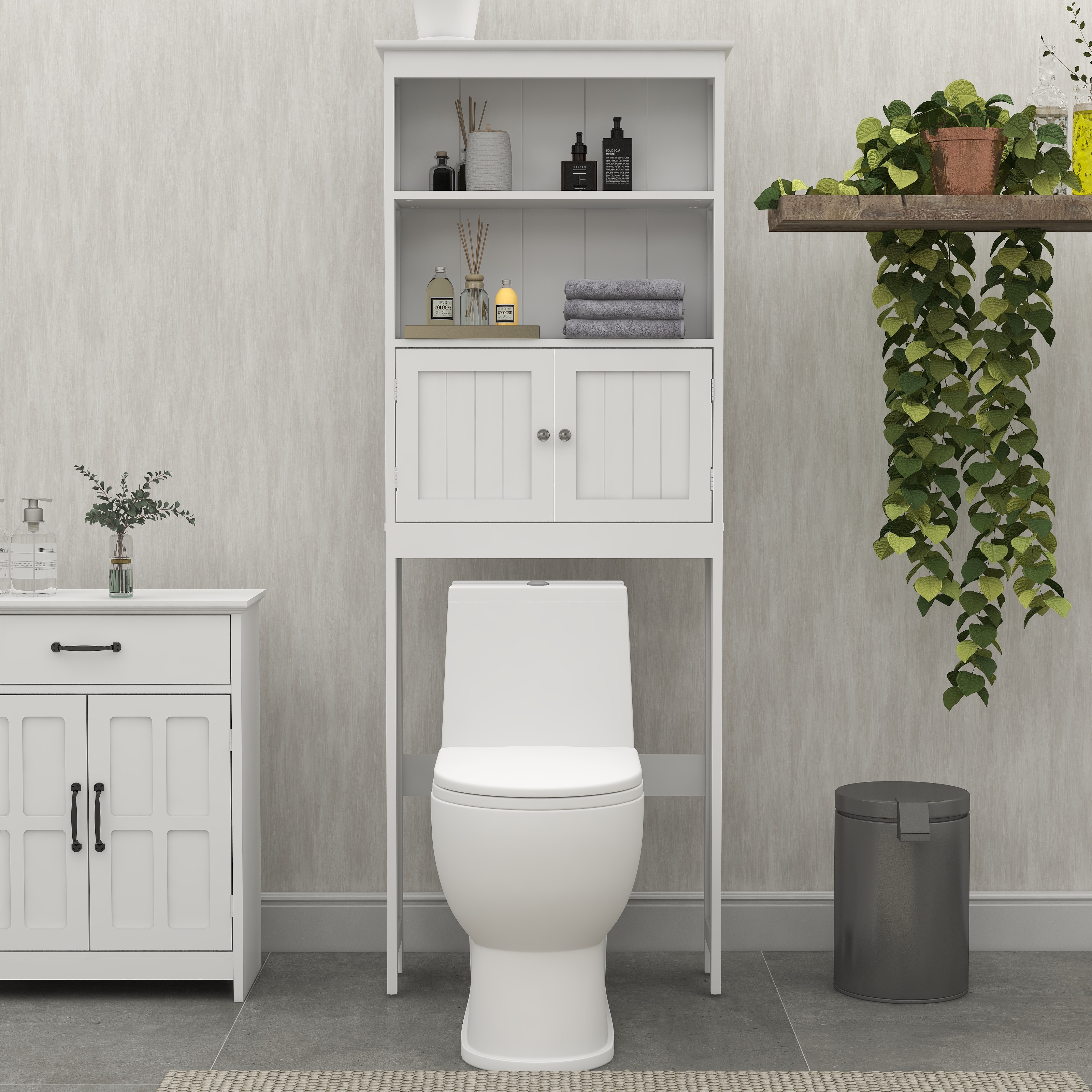 Over The Toilet Rack 2 -Tier Toilet Bathroom Spacesaver Storage Shelf With 2 Doors Wood Storage Organizer Cabinet For Bathroom Freestanding Shelf-White
