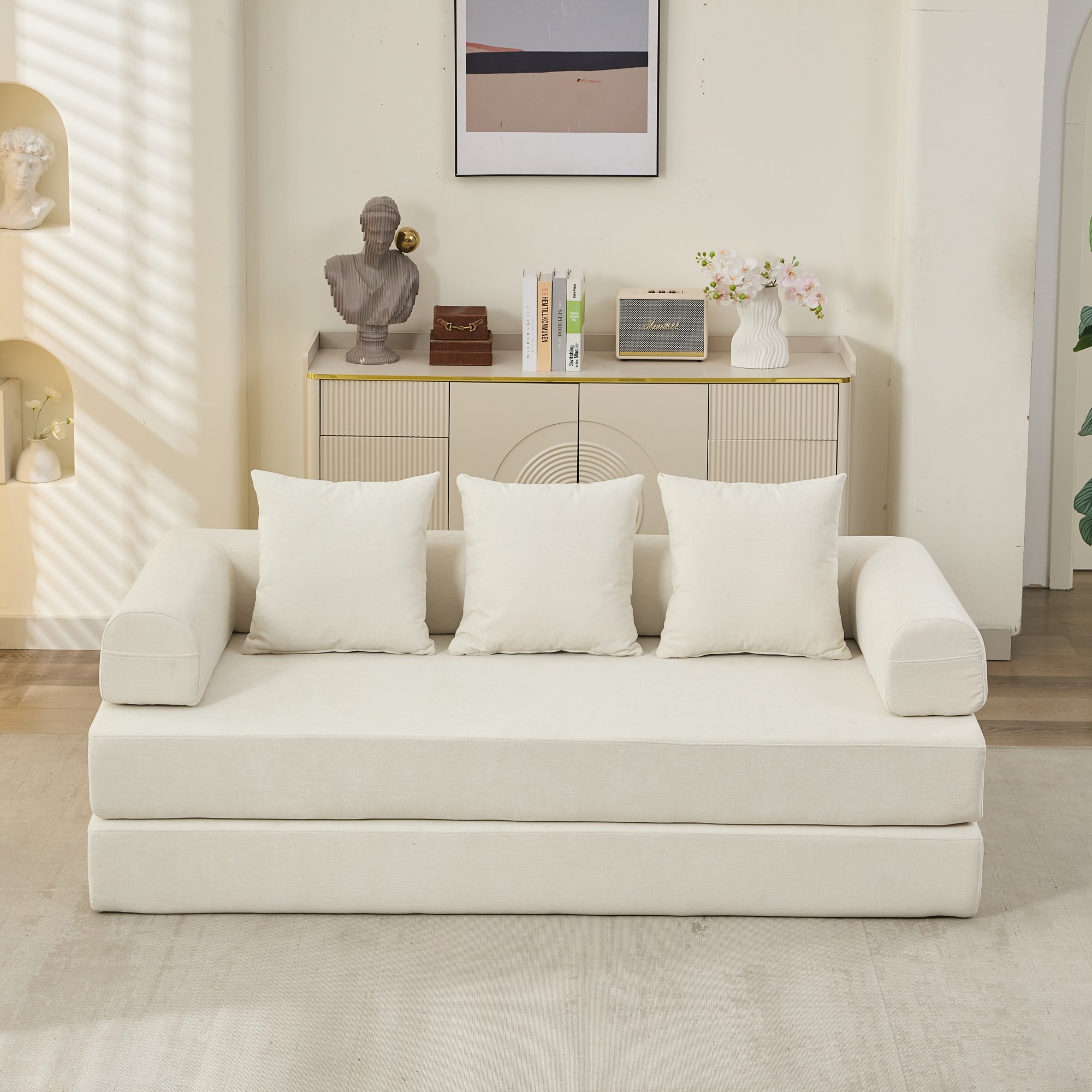 Comfy Convertible Folding Mattress Couch, Floor Sofa Bed, Chenille Floor Sofa With Armrest, Floor Sofa Lounge Couch For Living Room Bedroom Lounge Studio-Beige