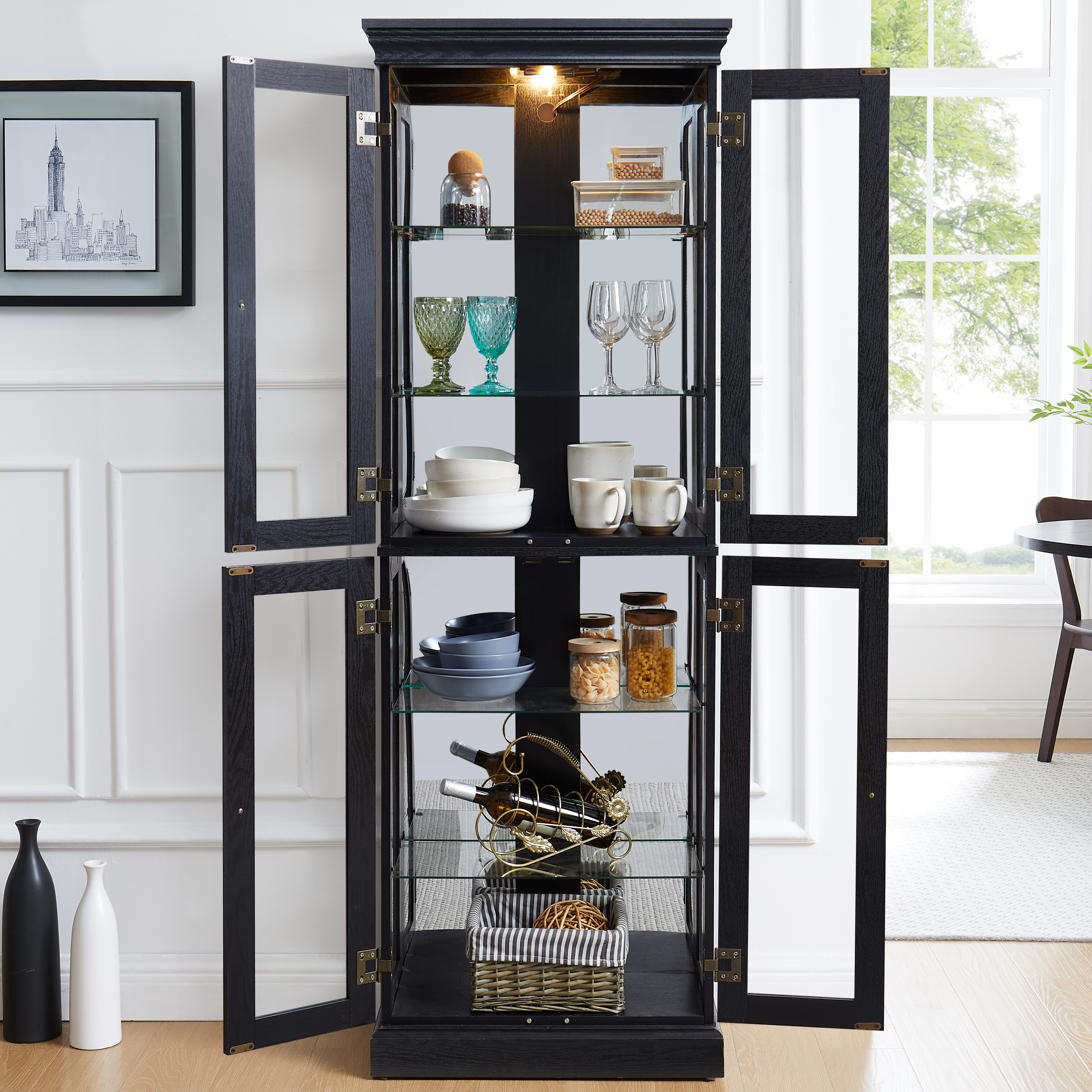 Elegant Lighted Glass Curio Display Cabinet - Wooden Frame Storage For Living Room, Kitchen & Pantry - Includes Light Bulb - Ideal For Wine, Toys & Collectibles - Black_maomaolike.com