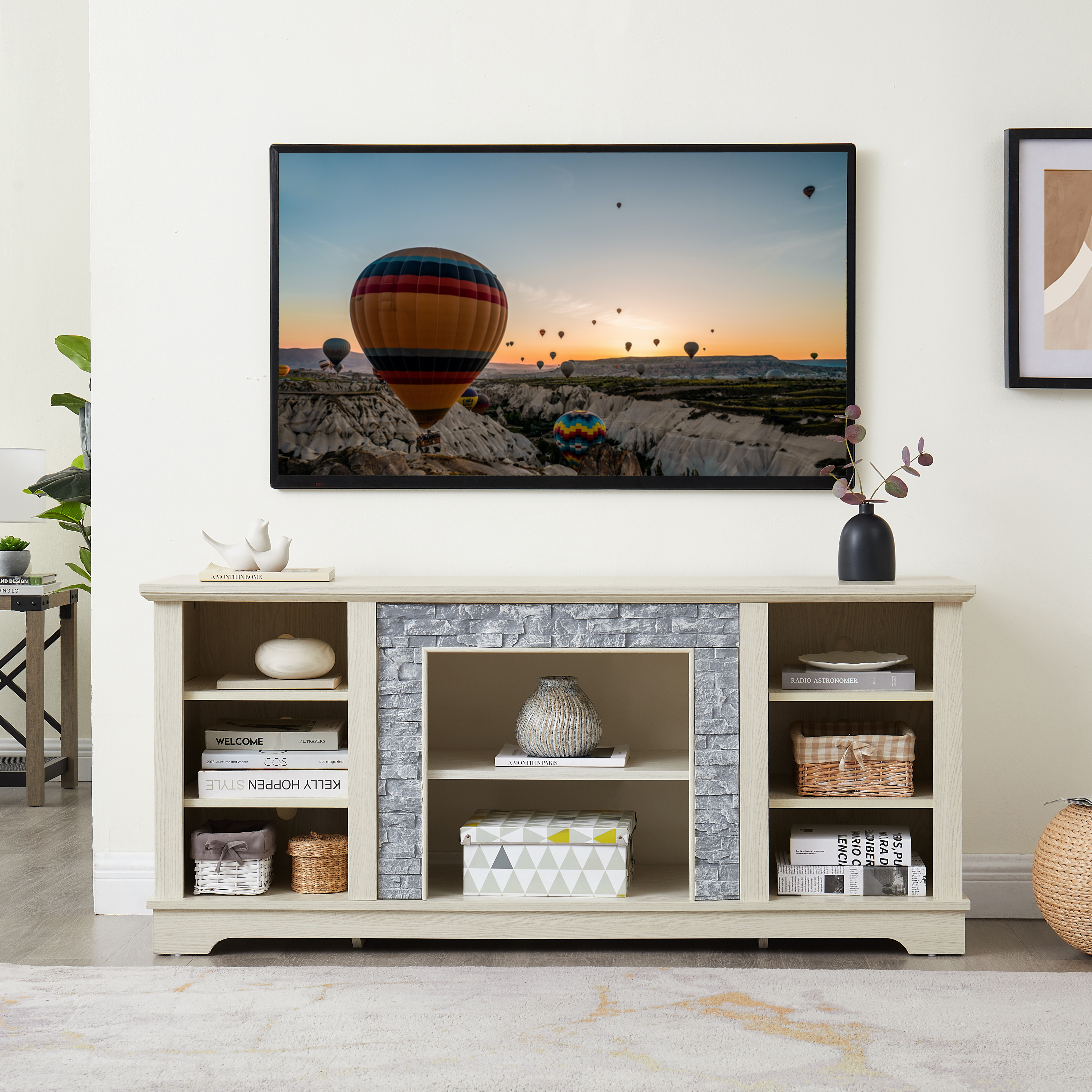 Mantel Stone TV Media Stand With With Faux Stacked Stone Surround, Modern Entertainment Console With Open Storage Space,WHITE, 58.31 Wx15.39 Dx26.06 H