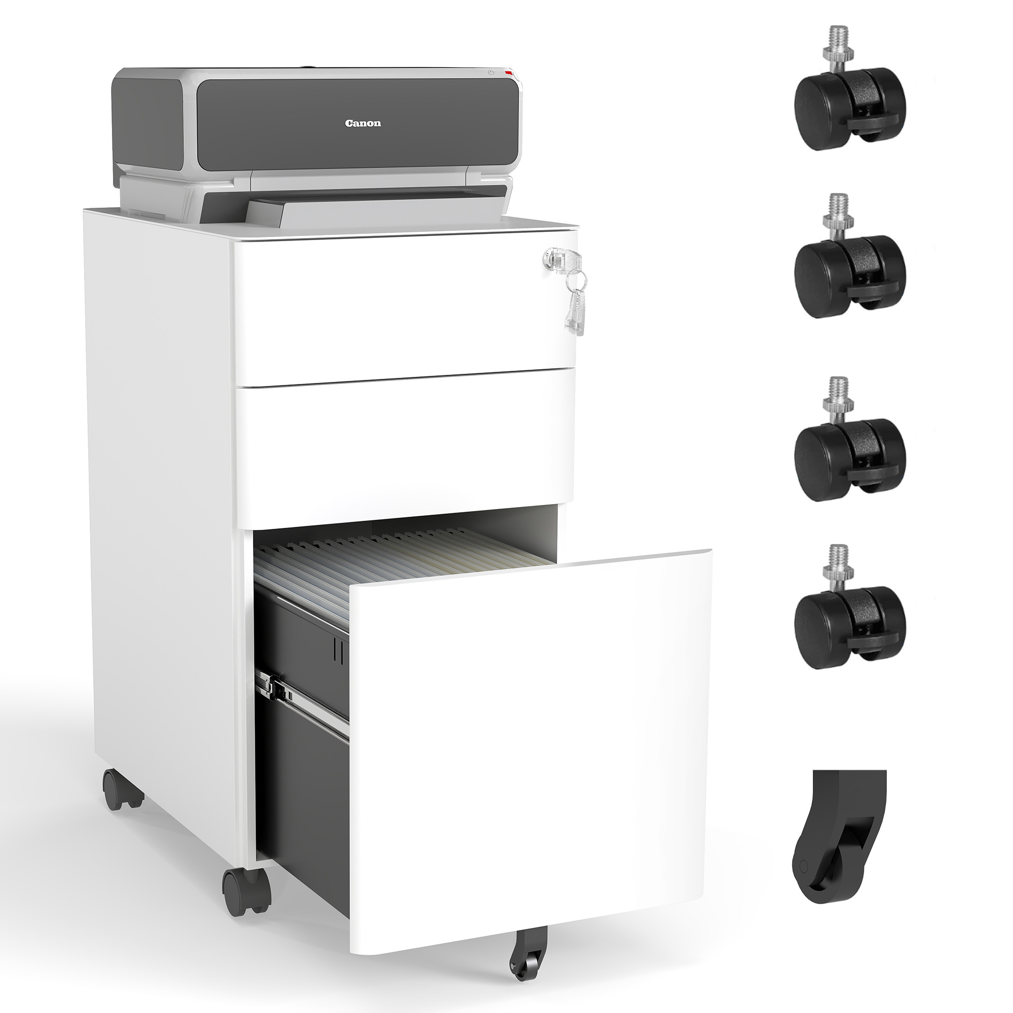 3-Drawer Mobile File Cabinet With Lock, All-Steel Metal Storage On Wheels, Two Shallow & One Deep Drawer For Office Home, Fully Assembled, White, 110lbs Drawer, Anti-Tip Design