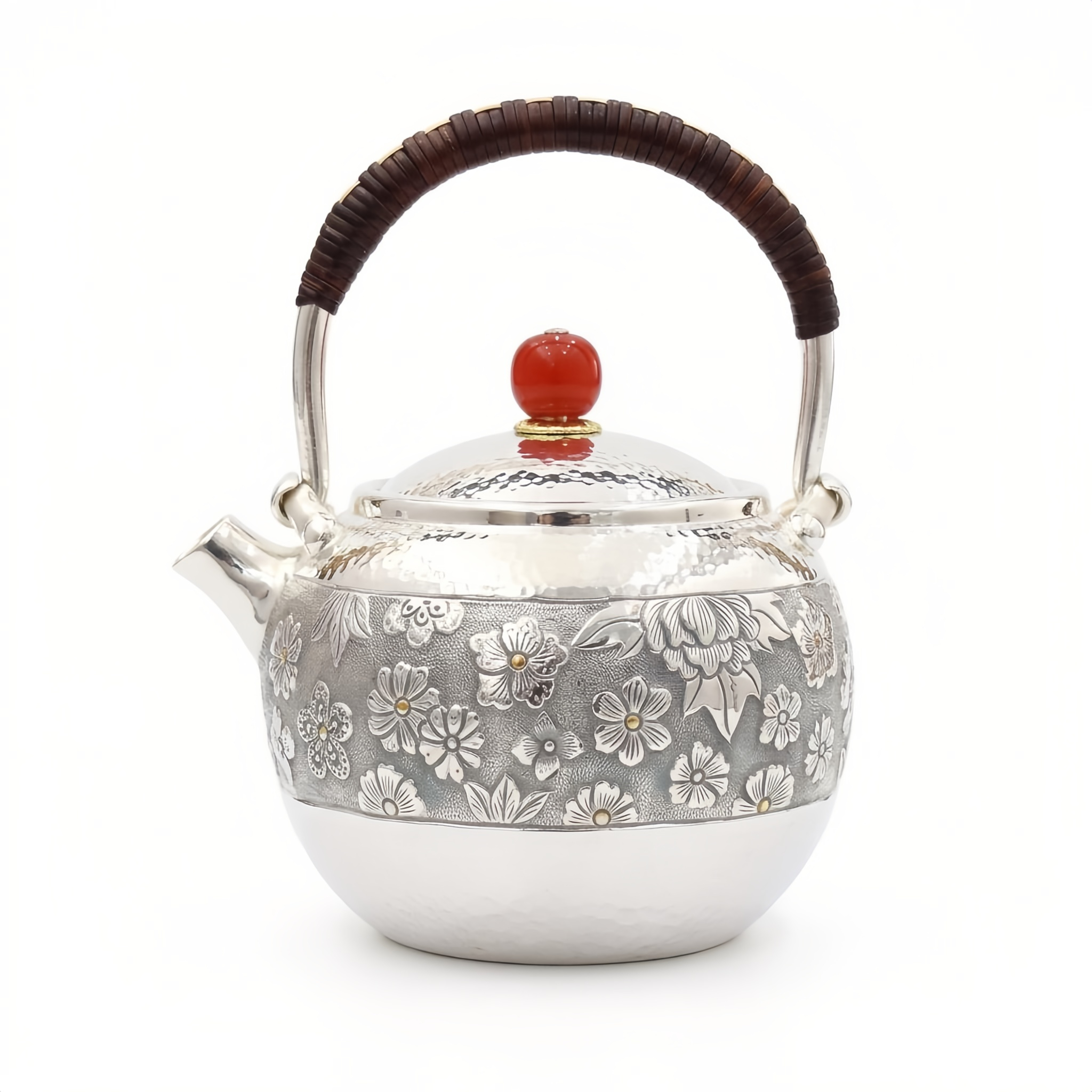 Pure 999 Fine Silver Handcrafted Hammered Silver Teapot with Intricate Floral Engravings and Red Finial - Handicraft
