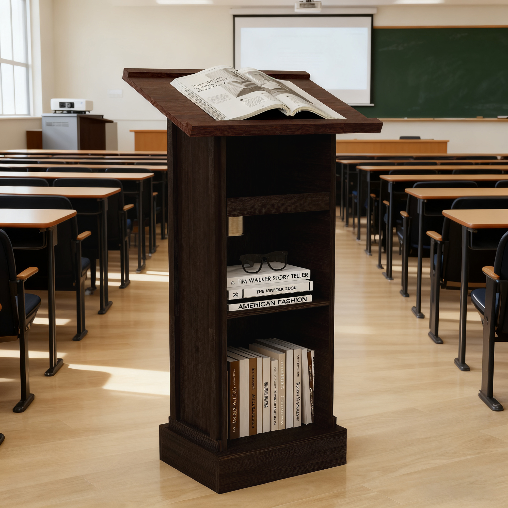 Wood Podium Stand, 44  Tall Wooden Lectern With Mic Stand Space, 1 Sliding Shelf With Cup Holder And 1 Fixed Shelf, For Churches, Seminars And Schools-Rustic Brown