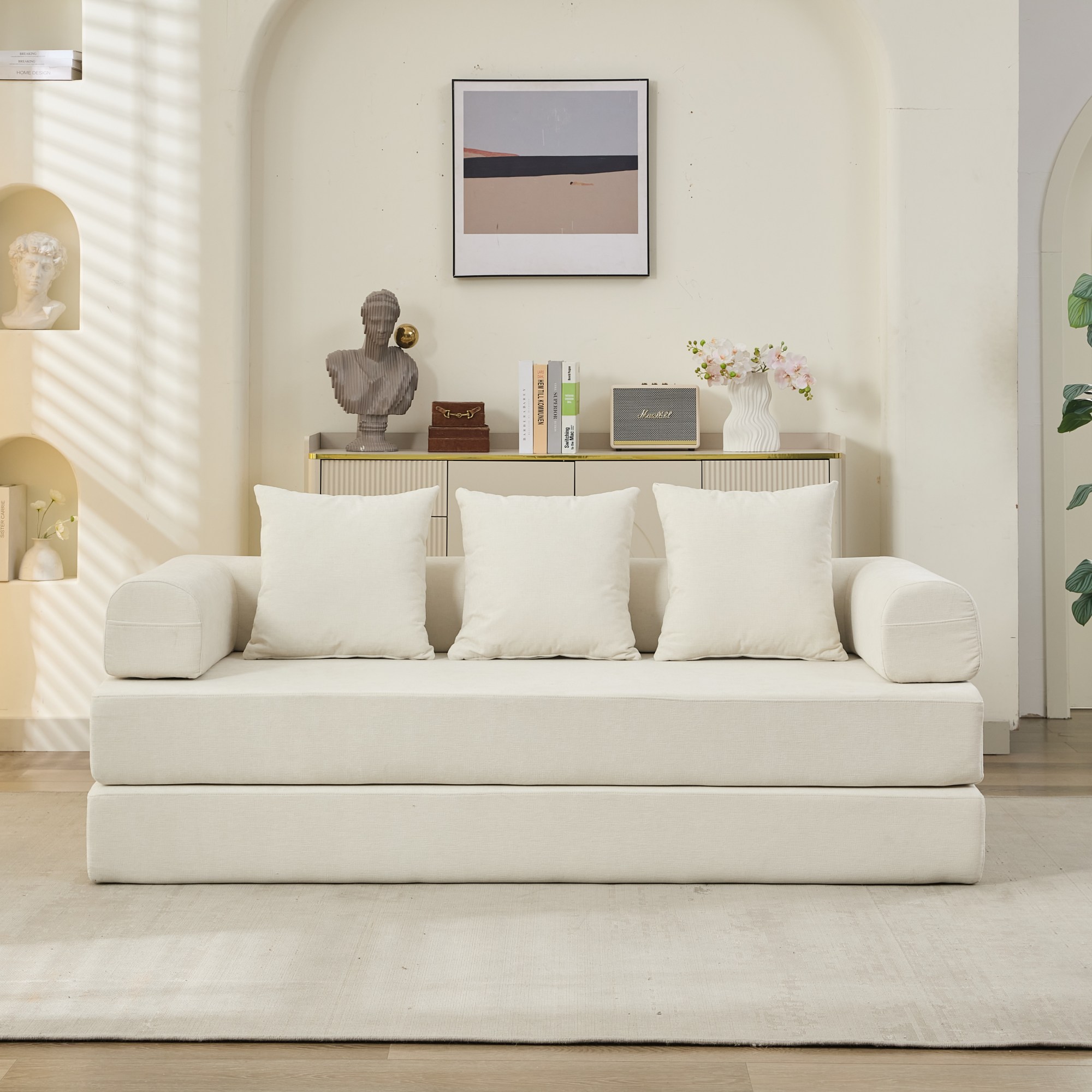 Comfy Convertible Folding Mattress Couch, Floor Sofa Bed, Chenille Floor Sofa With Armrest, Floor Sofa Lounge Couch For Living Room Bedroom Lounge Studio-Beige