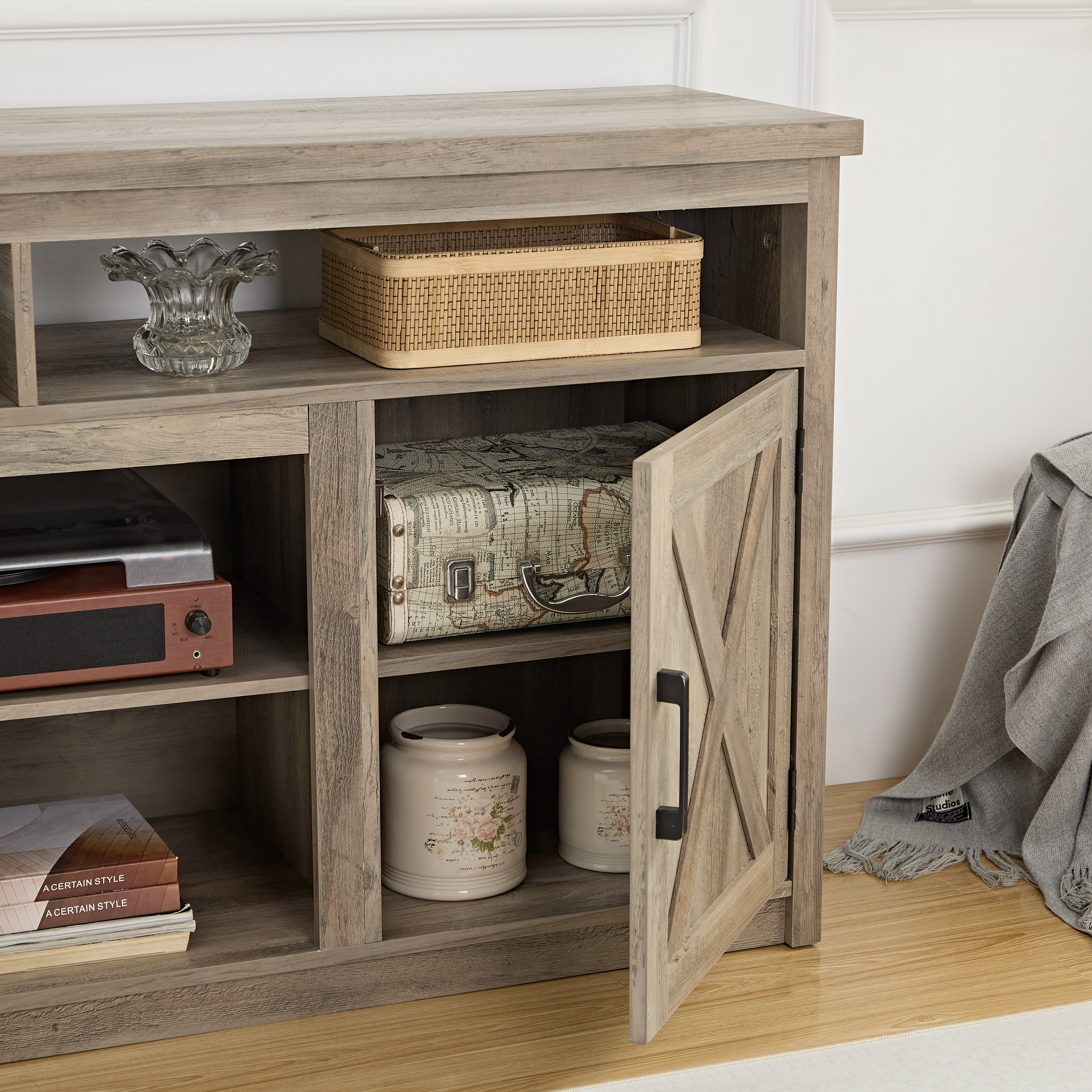 Farmhouse Barn Door TV Media Stand Modern Entertainment Console For TV Up To 65  With Open And Closed Storage Space, Gray Wash, L57.87xW15.75xH30.31