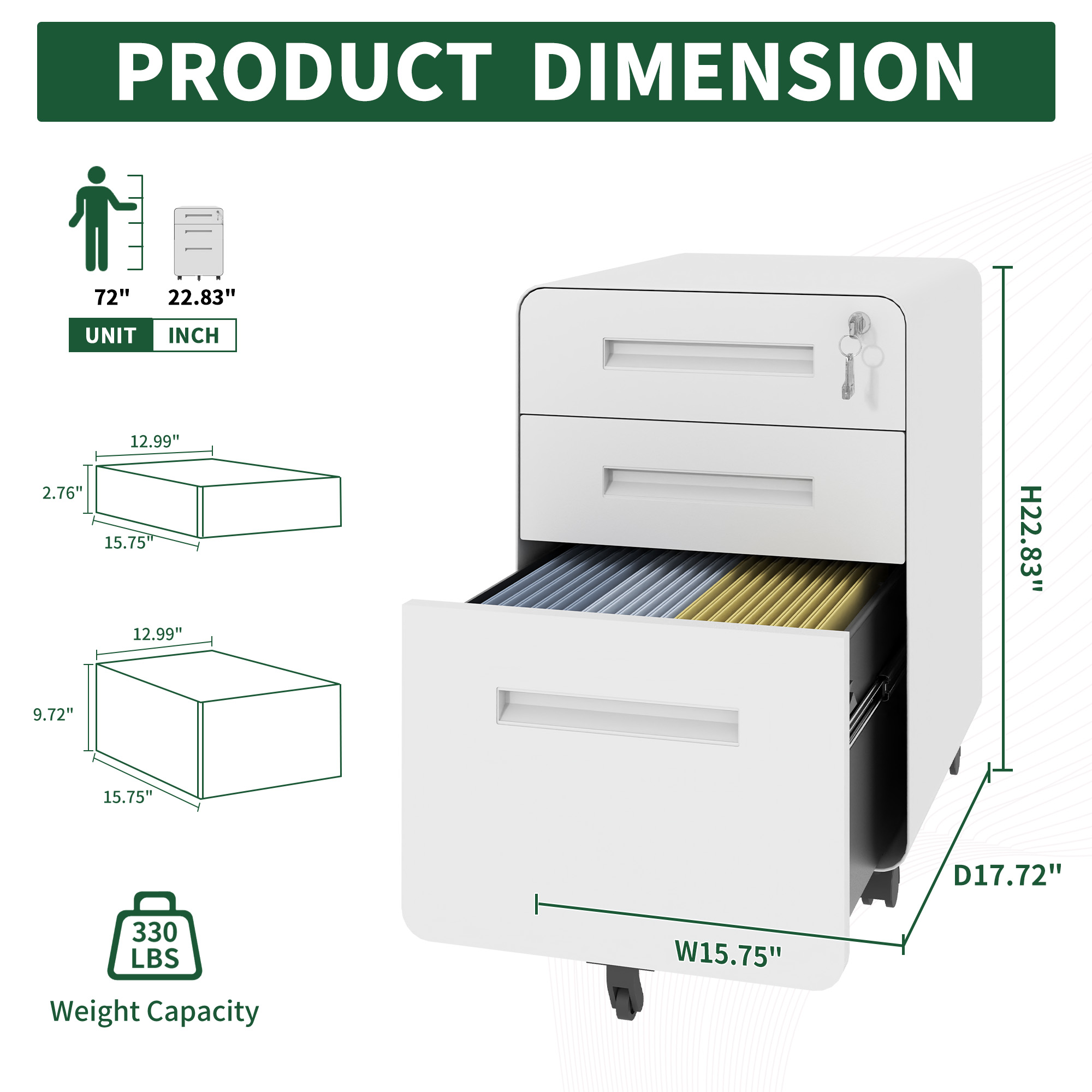 3-Drawer Wide Mobile File Cabinet With Lock, All-Steel Metal Storage Cabinet On Casters, For Home & Office,White, Fully Assembled, Holds A4 Letter Files, 110lbs Drawer detail