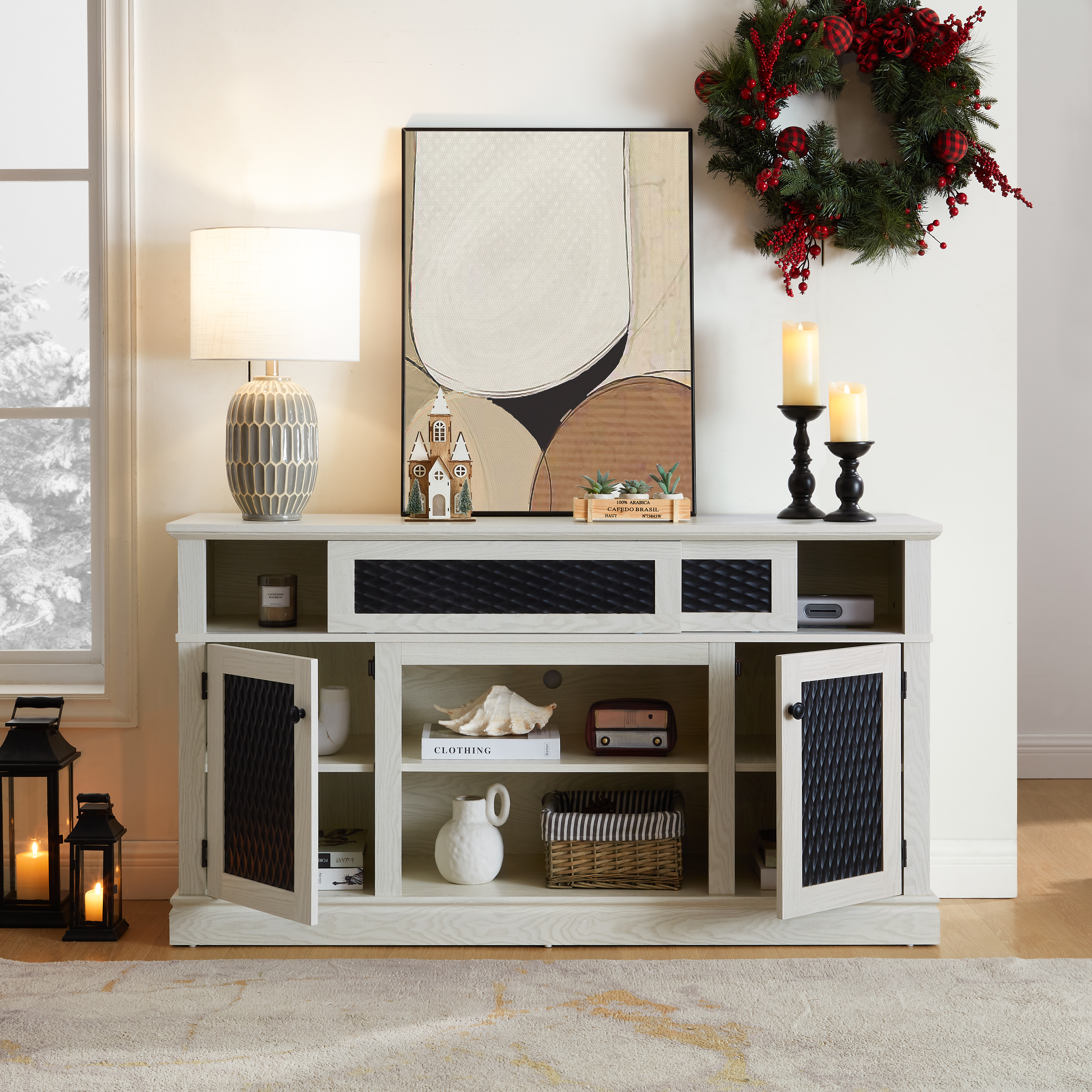 Embossed Pattern TV Stand, TV And Media Console With Open And Closed Storage Space And Sliding Door For Living Room & Bedroom,White, 58.27 Wx15.35 Wx31.7H