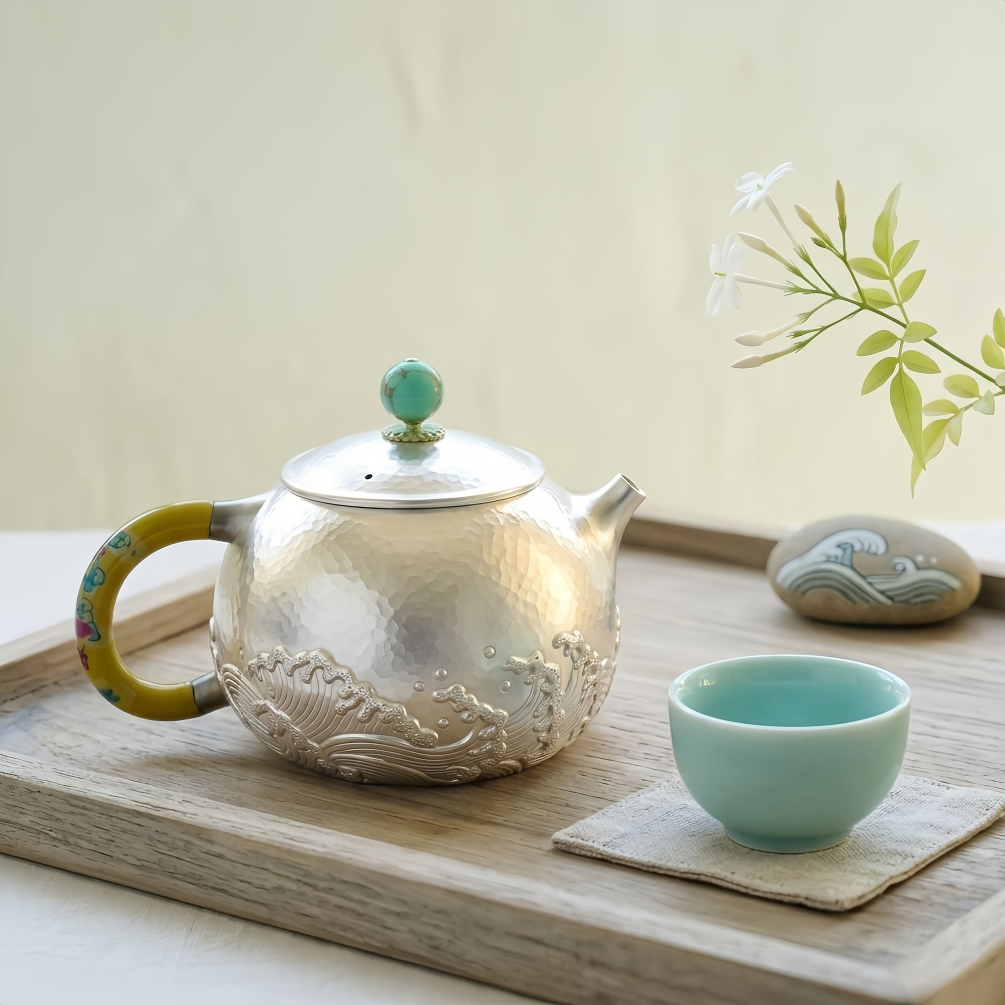 Pure 999 Fine Silver Handcrafted Silver Teapot Featuring Embossed Ocean Waves and a Polished Turquoise Finial - Handicraft