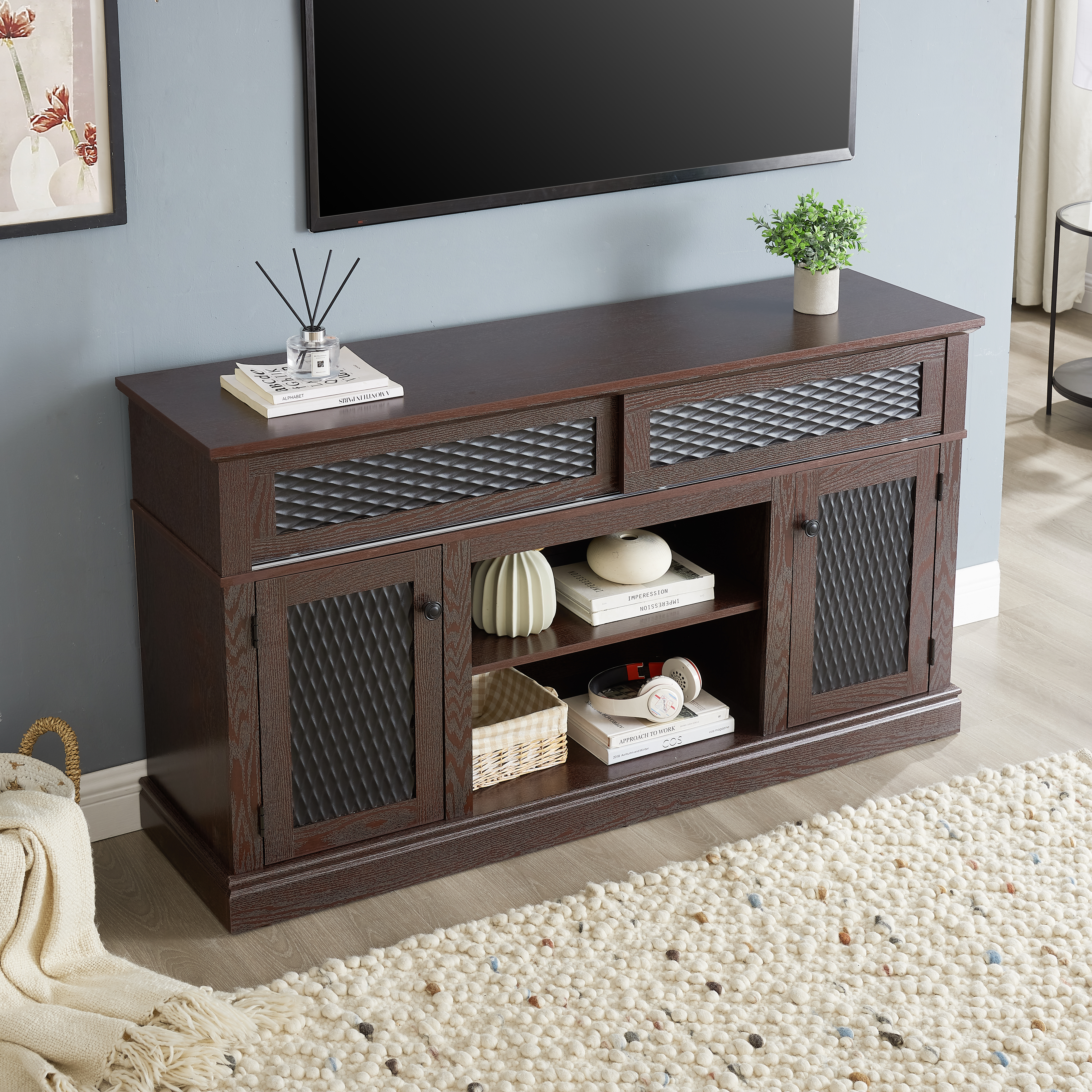 Embossed Pattern TV Stand, TV And Media Console With Open And Closed Storage Space And Sliding Door For Living Room & Bedroom, DARK CHERRY, 58.27 Wx15.35 Wx31.7H