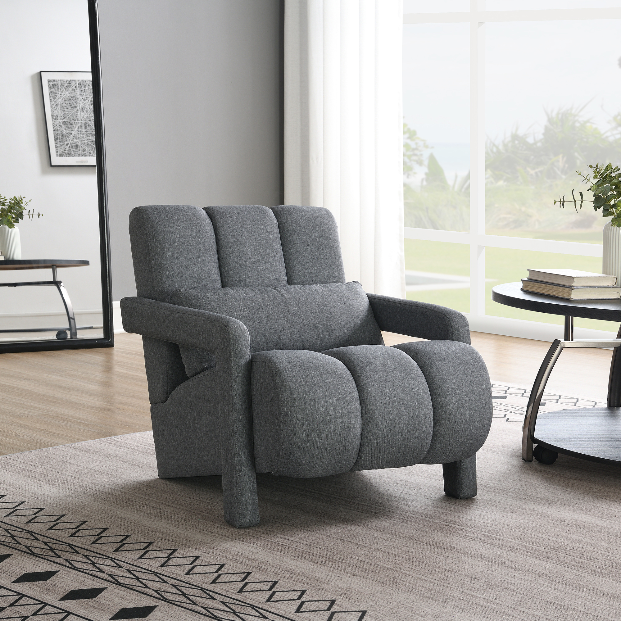 Modern Upholstered Accent Chair, Comfortable Linen Fabric With A Pillow For Living Room,bedroom.Linen, Dark Grey