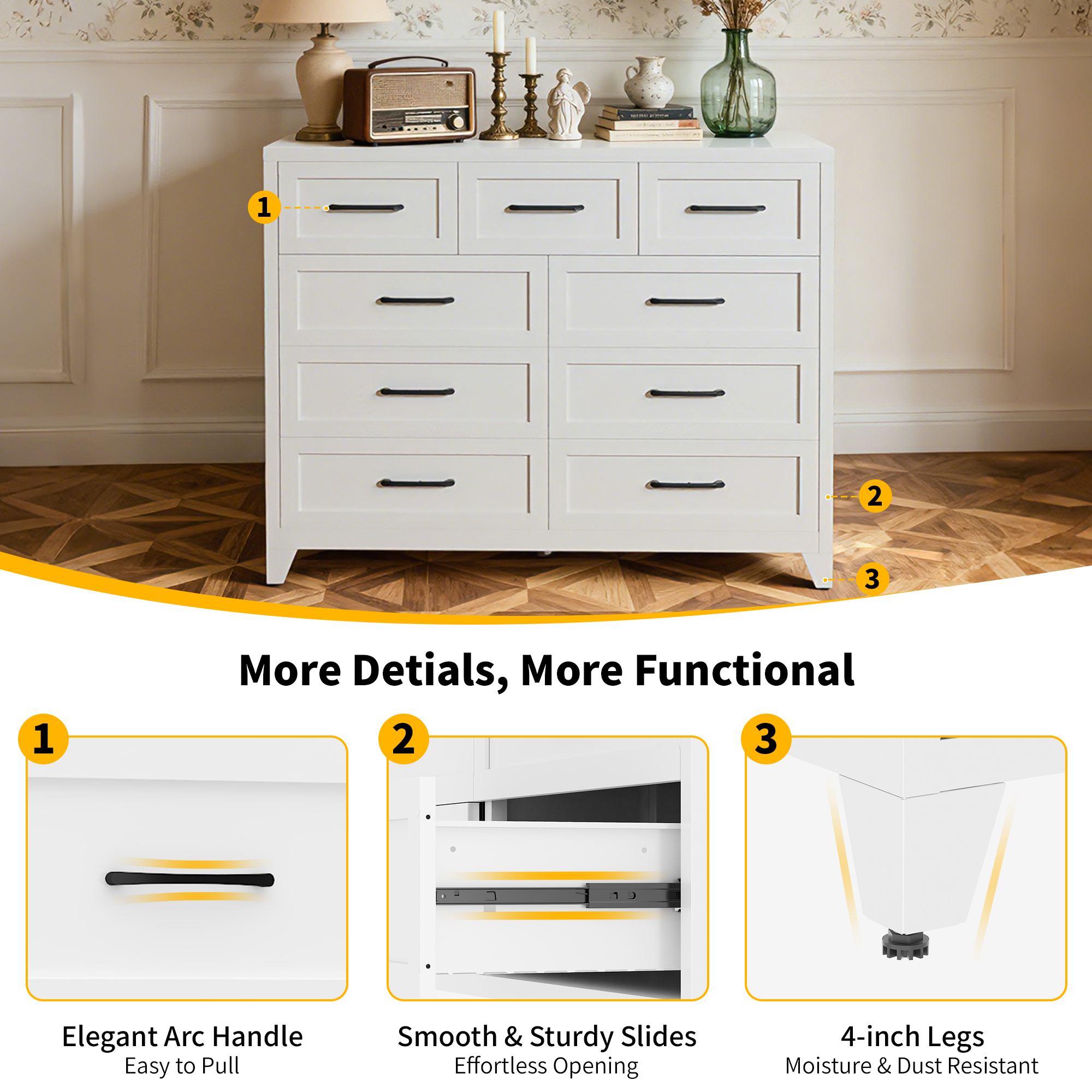 9-Drawer Tall Dresser, White Metal Storage Cabinet With Smooth Gliding Drawers, Space-Saving Chest Of Drawers For Bedroom, Living Room, Entryway, Strong 5-Foot Design & Modern Handles