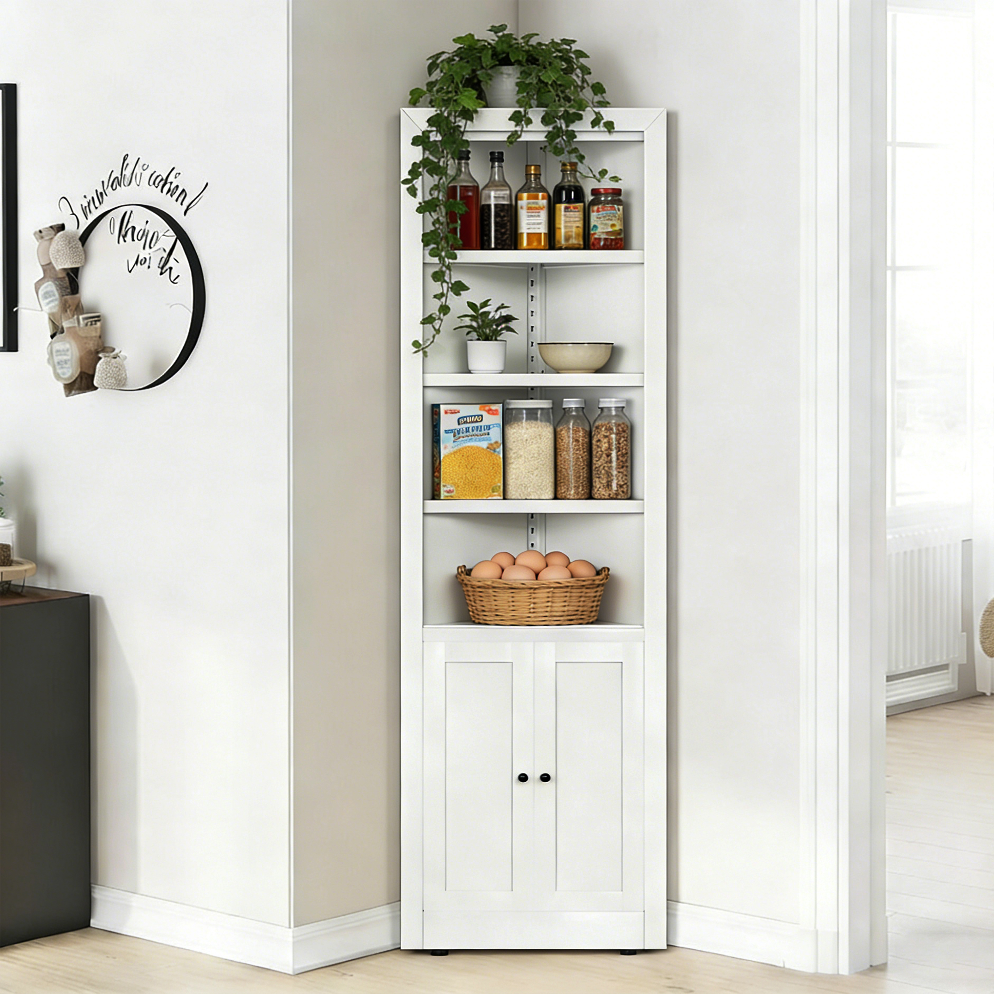 71  Tall Corner Storage Cabinet With 2 Doors, 5-Tier Metal Cabinet With Adjustable Shelves, Freestanding Kitchen Storage For Pantry, Living Room, Bathroom, Laundry Room, Space Saving Furniture, White