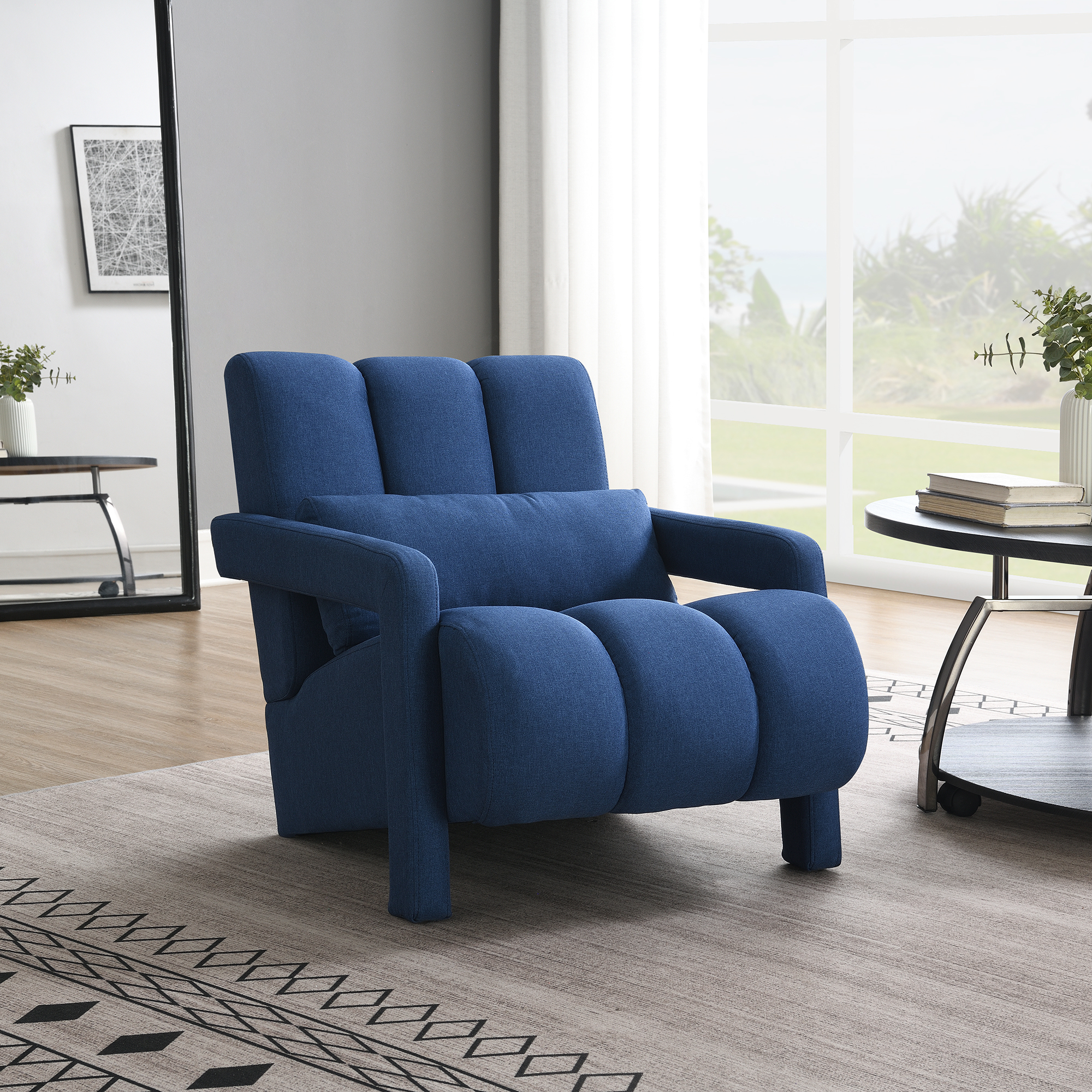 Modern Upholstered Accent Chair, Comfortable Linen Fabric With A Pillow For Living Room,bedroom. Linen, Navy Blue