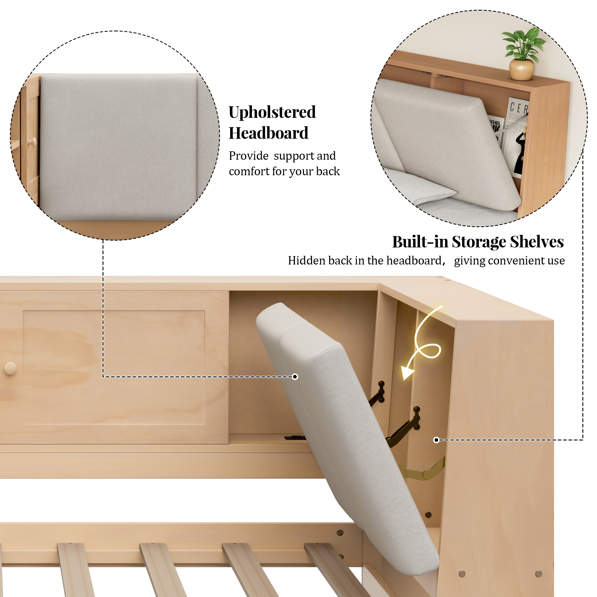 Wooden Twin Size L-shaped Daybed Corner Bed Under-bed Drawers  With Storage Bookcase And Upholstered Headboard And USB Charging Ports For Limited Space,Natural