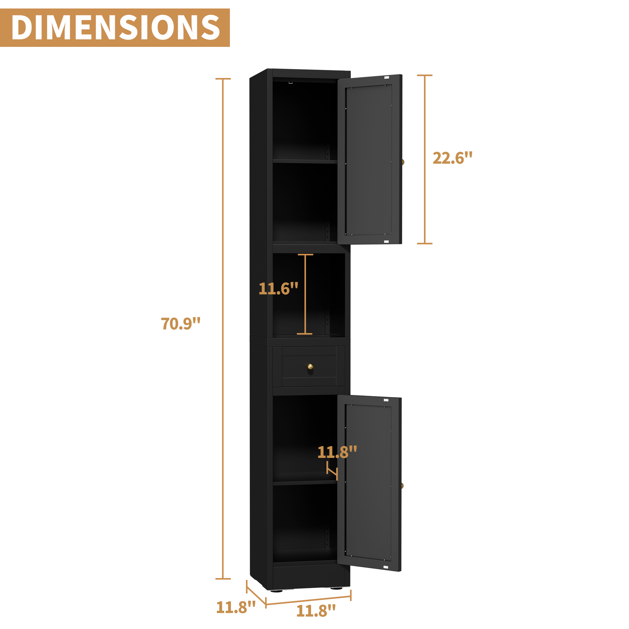 71 Inch Tall Bathroom Storage Cabinet, 5-Tier Narrow Metal Cabinet With 2 Doors & Adjustable Shelves, Freestanding Cabinet For Space Saving In Kitchen, Laundry Room, Pantry, Black