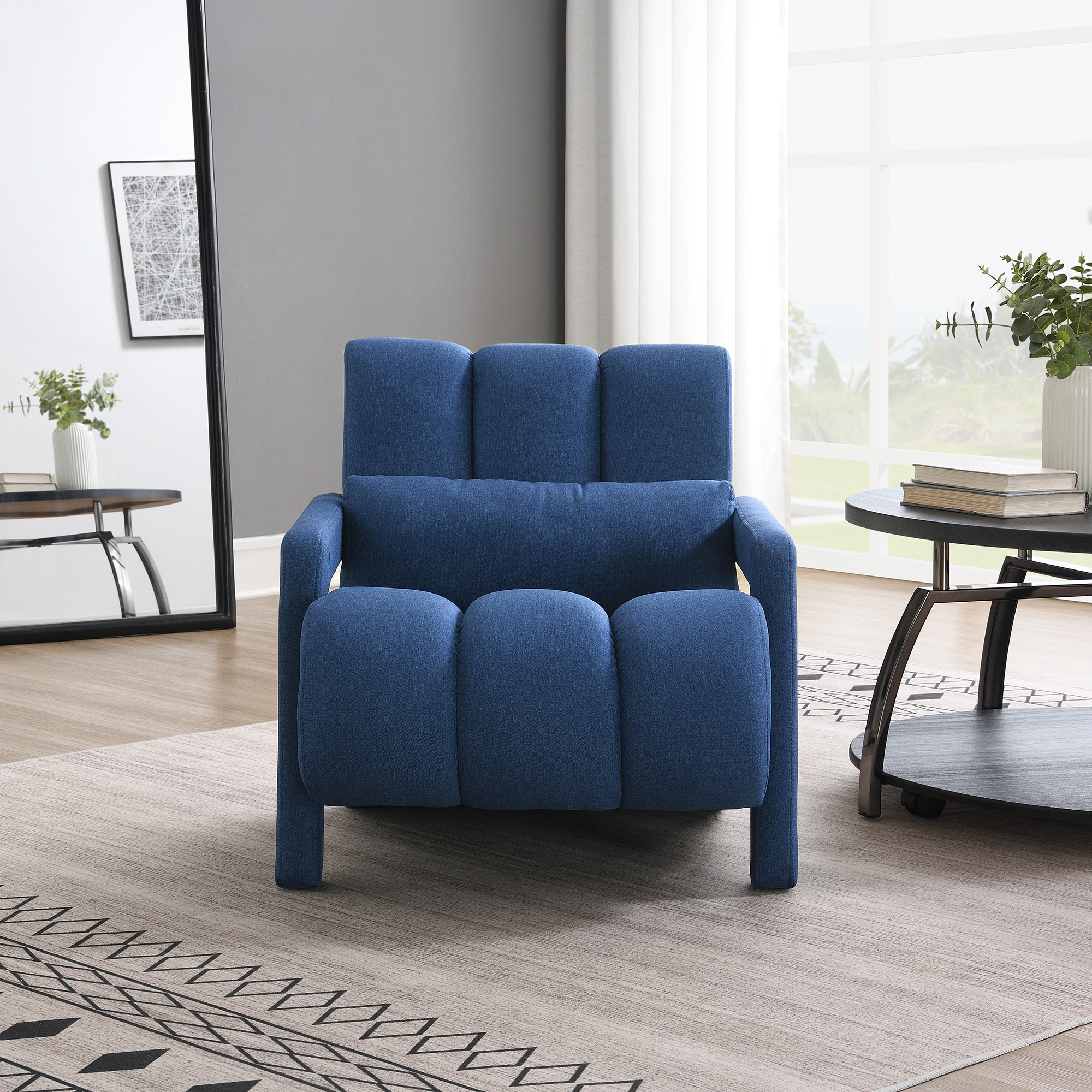 Modern Upholstered Accent Chair, Comfortable Linen Fabric With A Pillow For Living Room,bedroom. Linen, Navy Blue