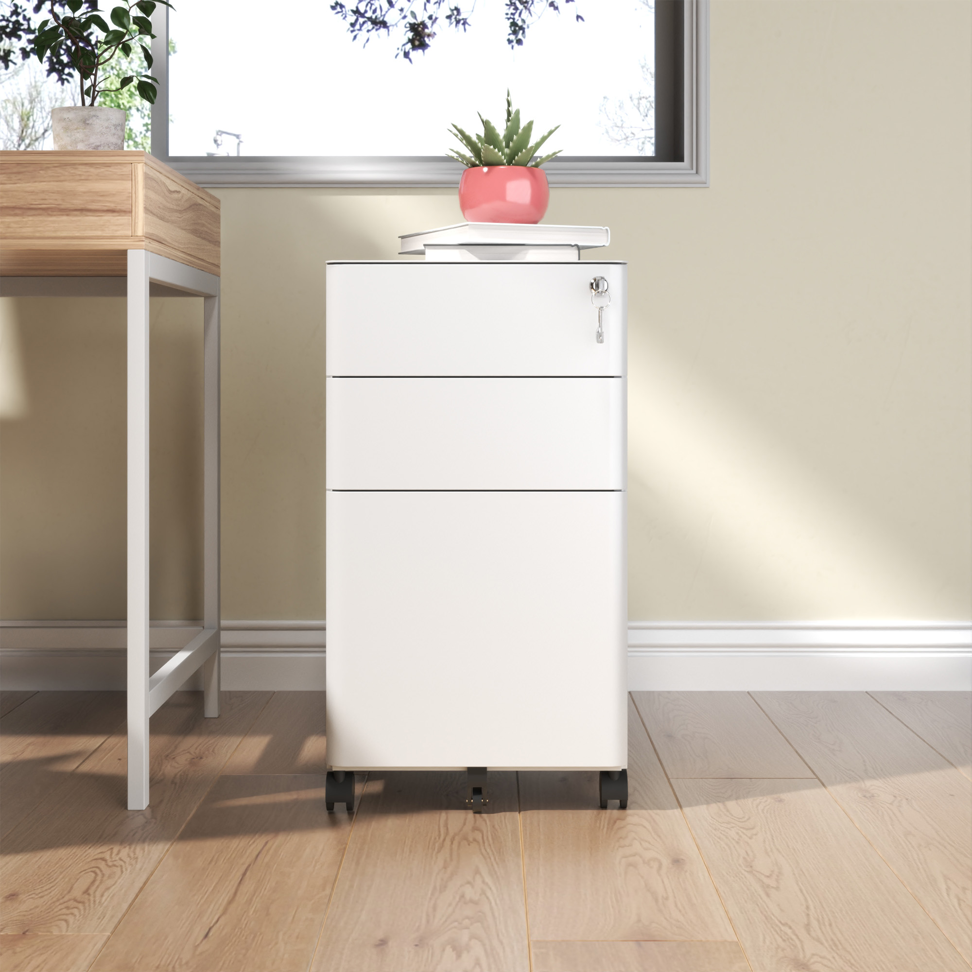 3-Drawer Mobile File Cabinet With Lock, All-Steel Metal Storage On Wheels, Two Shallow & One Deep Drawer For Office Home, Fully Assembled, White, 110lbs Drawer, Anti-Tip Design